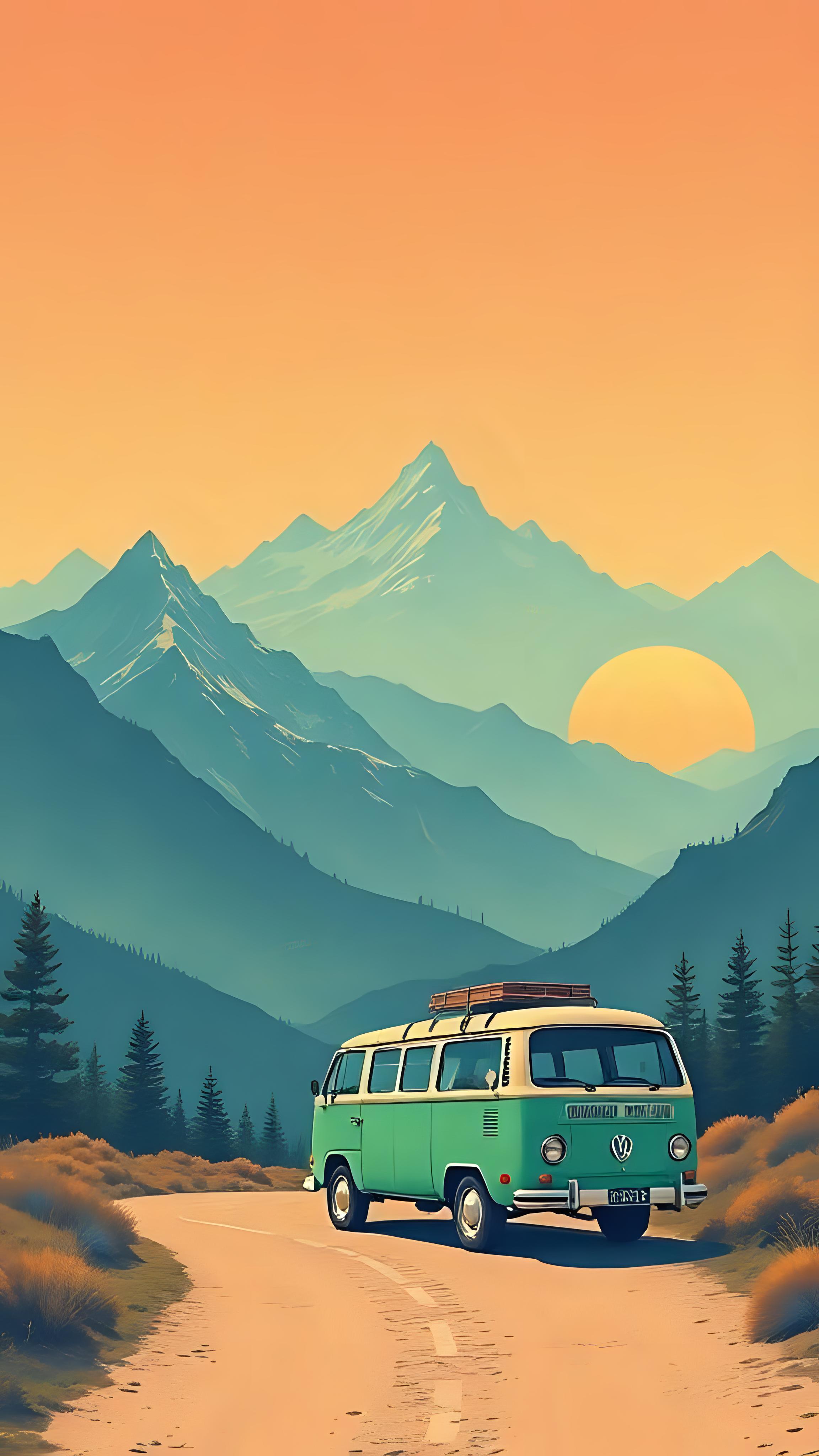 Camper Van Road Trip Retro Wallpaper