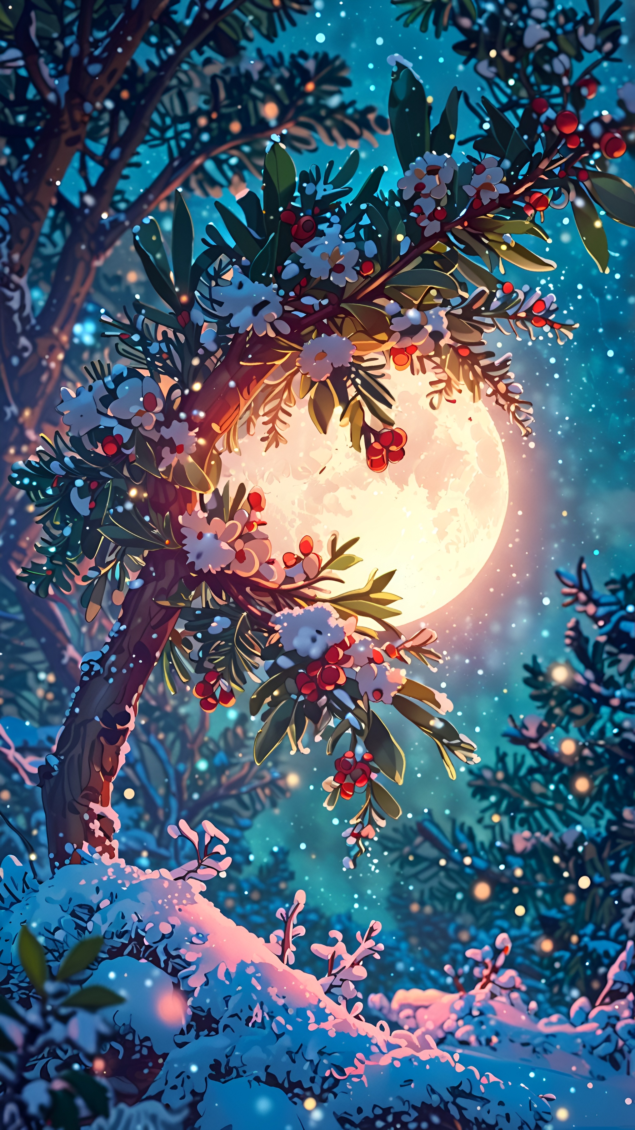 Christmas Mistletoe on Snowy Fir Branches