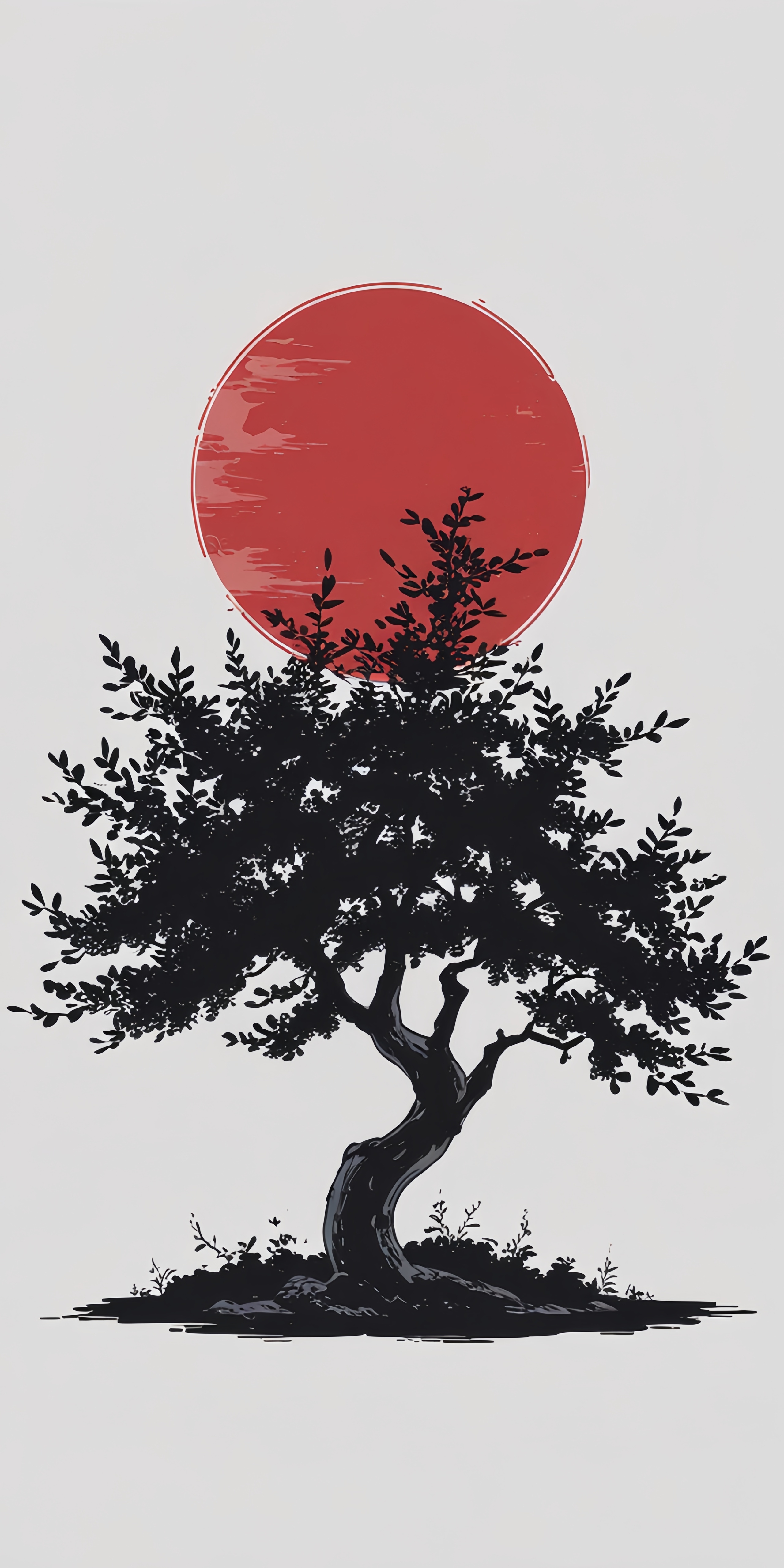 Minimalist Dark Tree & Red Sun Wallpaper