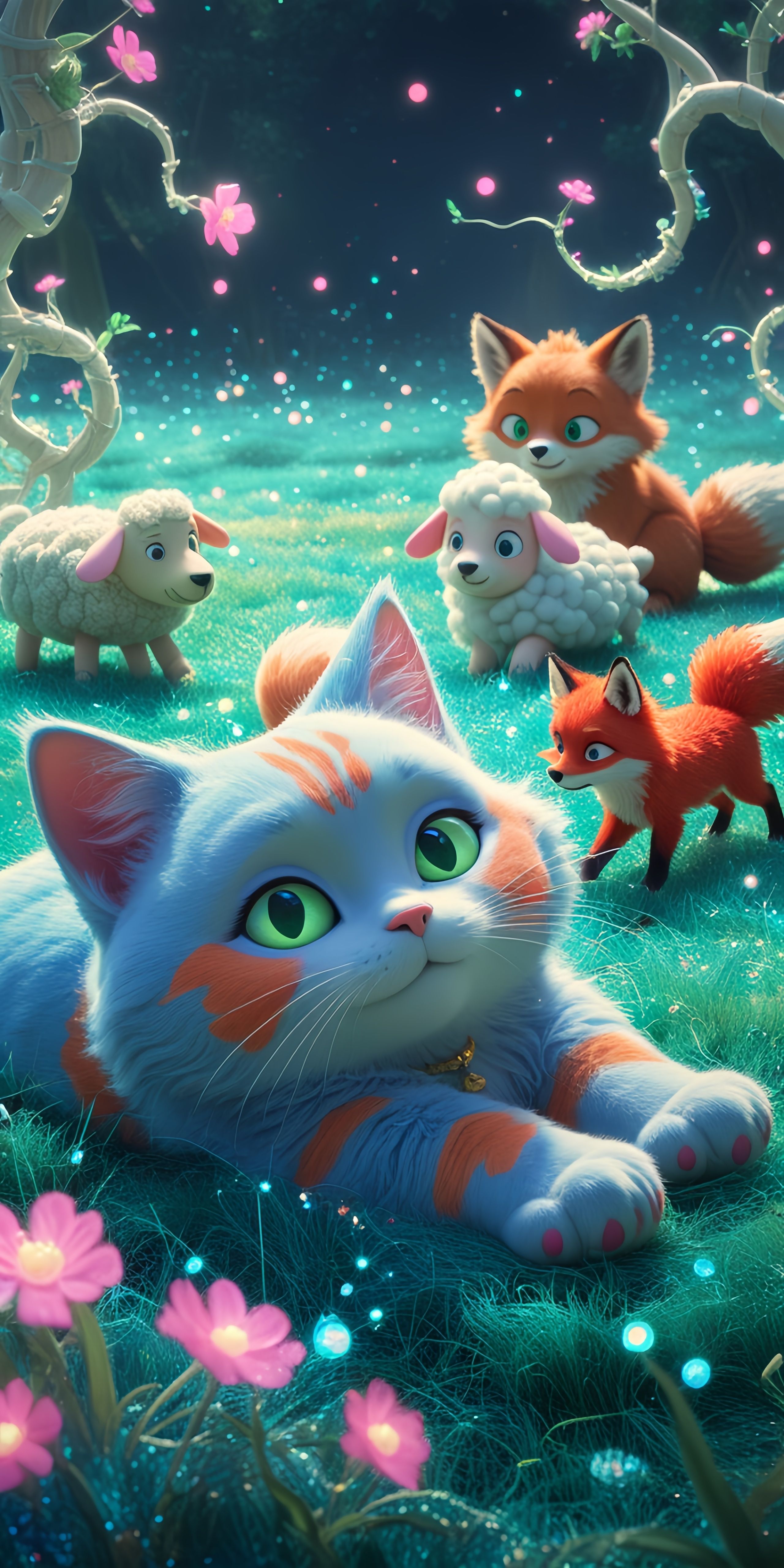 Whimsical Cat & Forest Friends Wallpaper