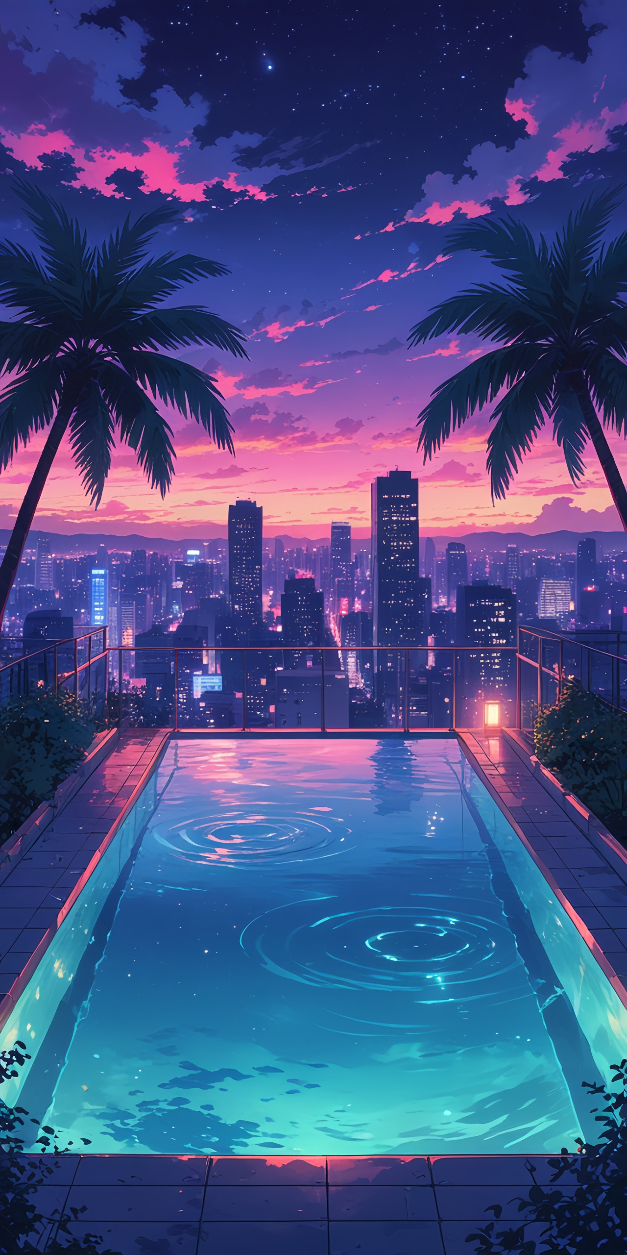 Anime Rooftop Pool Night City Wallpaper