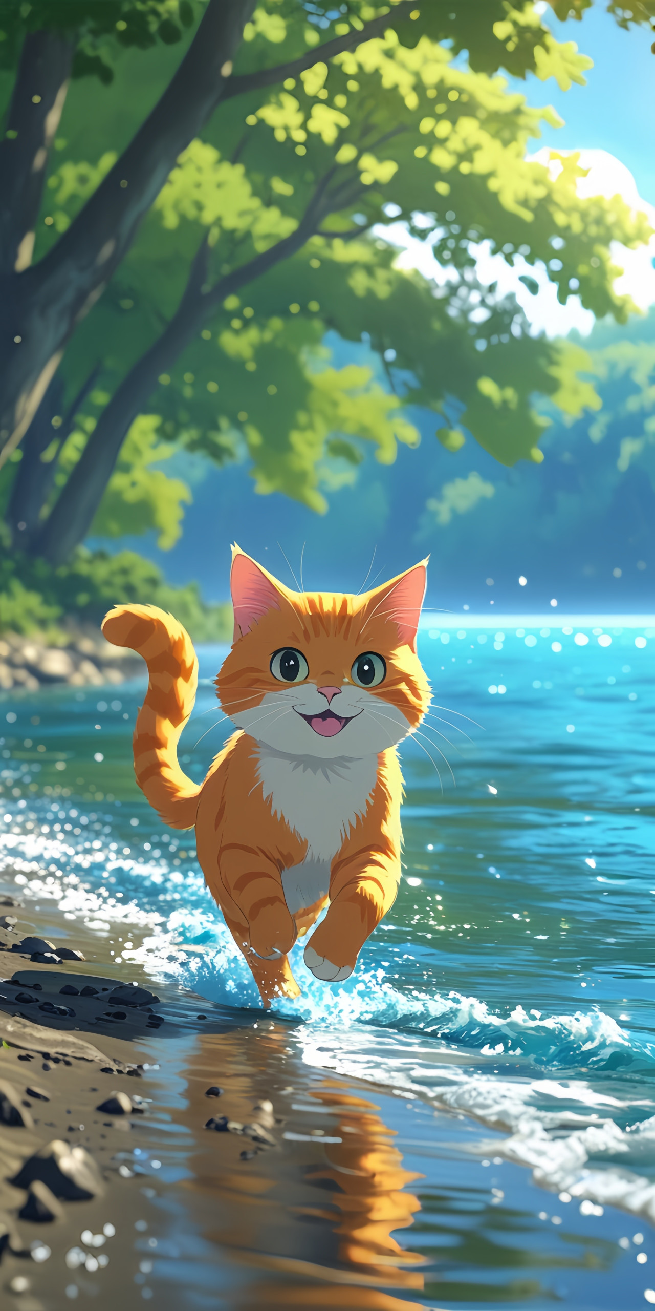 Cute Cat Playing in Water Wallpaper
