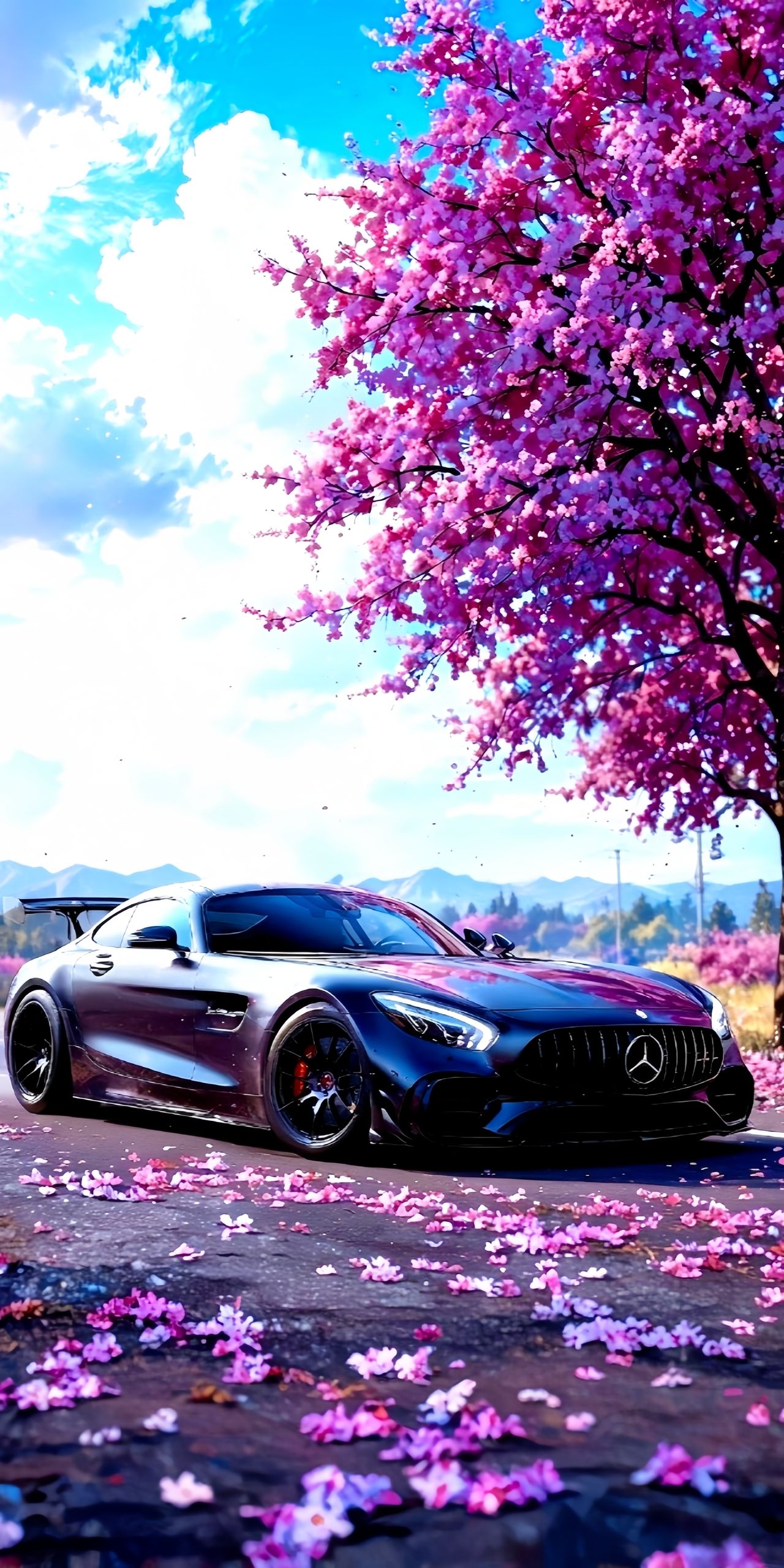 Black AMG GT Cherry Blossoms Wallpaper