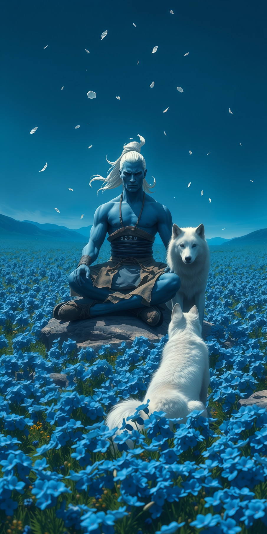 Blue Fantasy Warrior with White Wolves Wallpaper