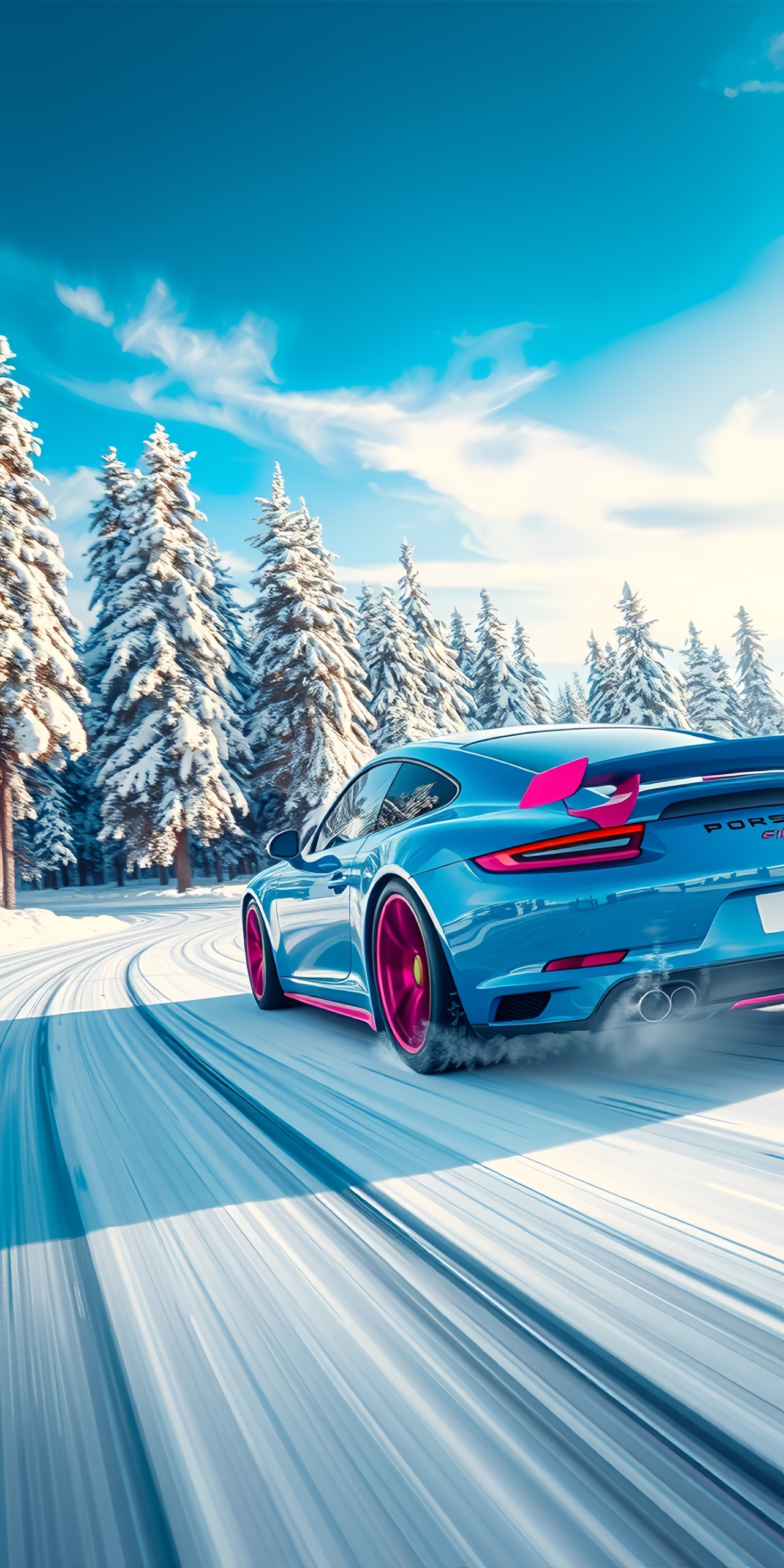 Blue Porsche in Snowy Landscape Wallpaper