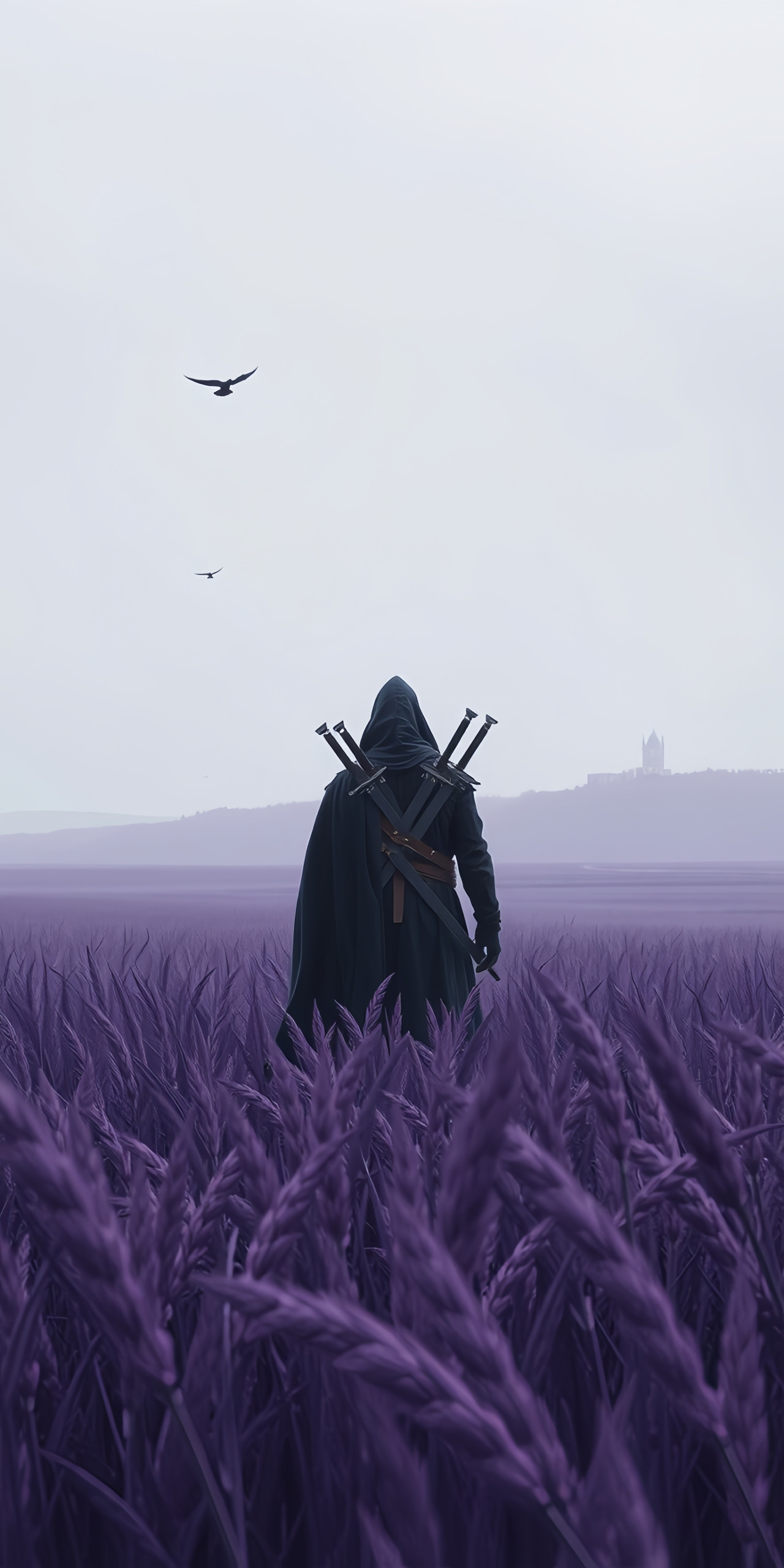 Mysterious Cloaked Figure in Purple Field Wallpaper