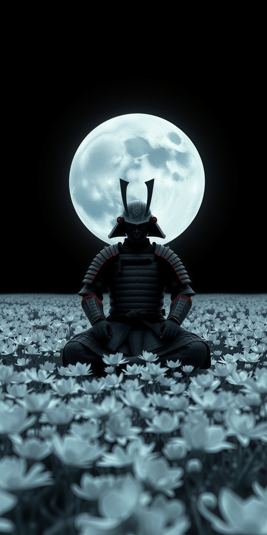 Peaceful Samurai Meditating Under Full Moon Wallpaper