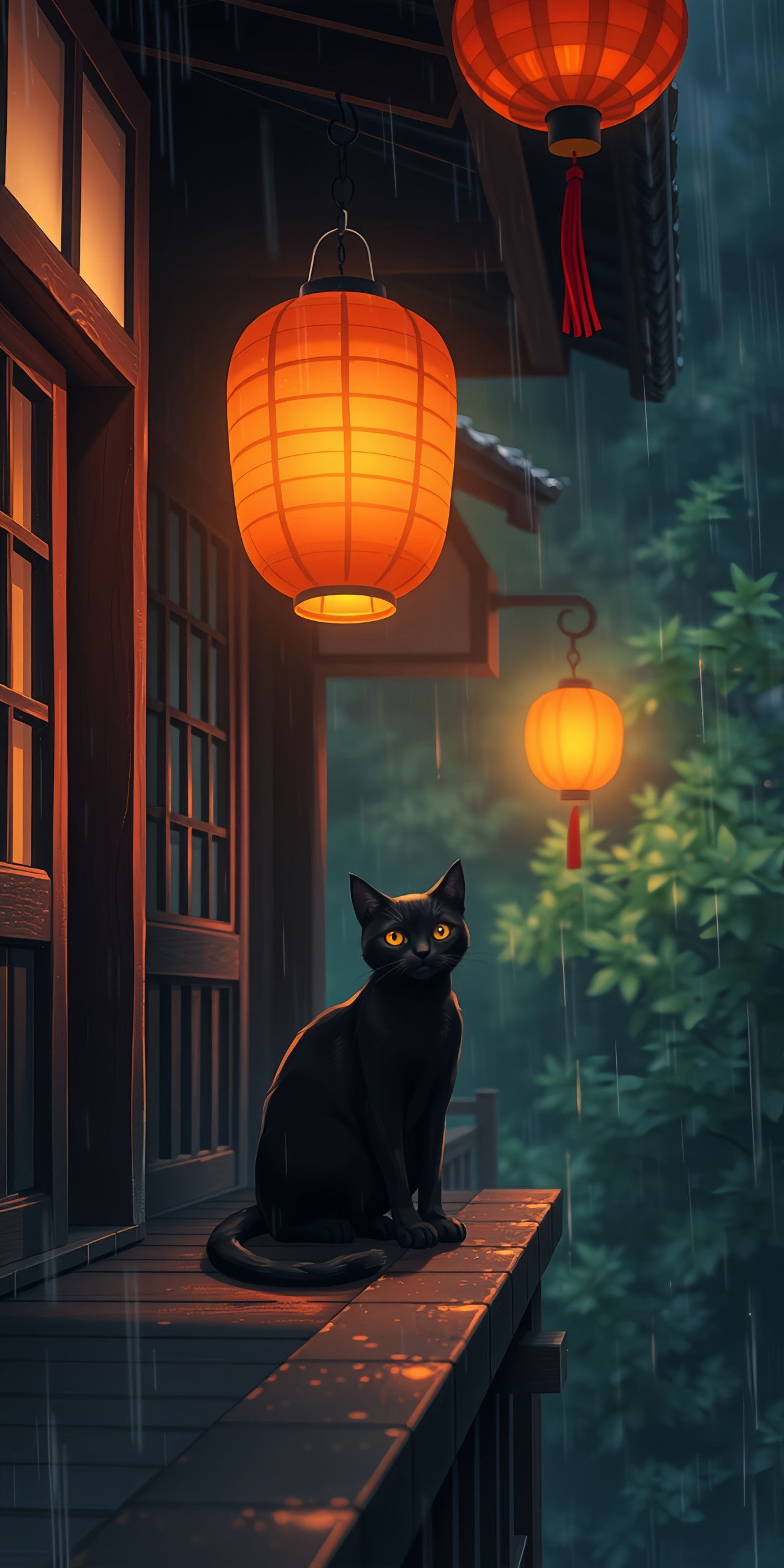Rainy Night Black Cat Wallpaper