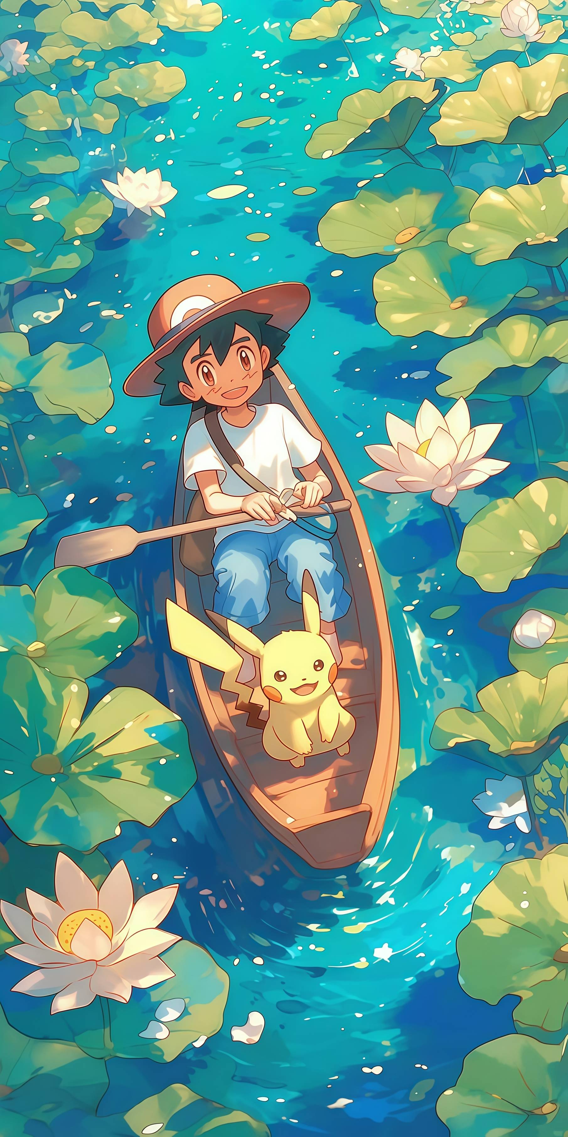 Ash and Pikachu Lily Pad Pond Anime Wallpaper