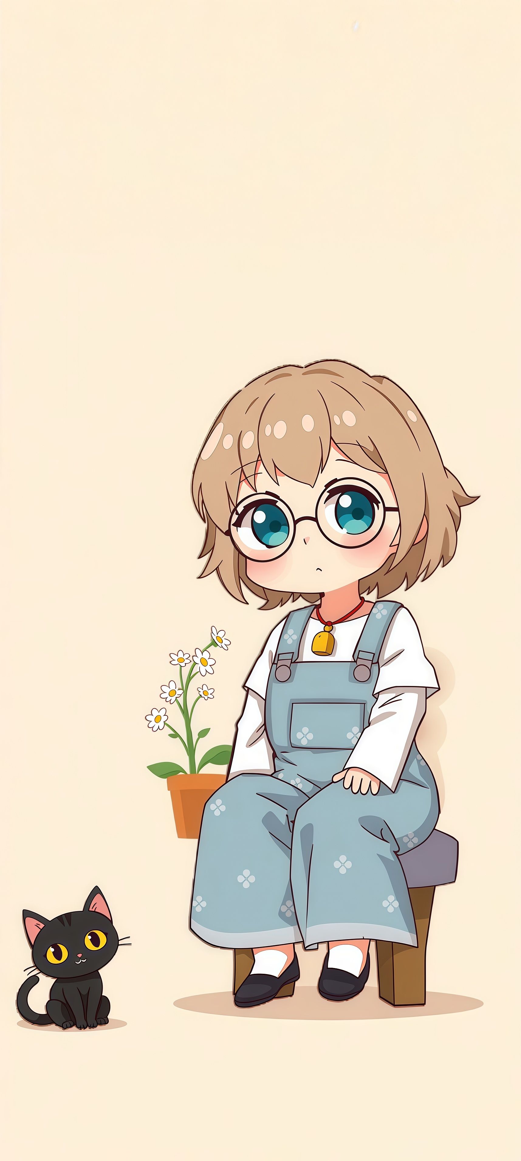 Chibi Girl with Glasses and Black Cat Wallpaper