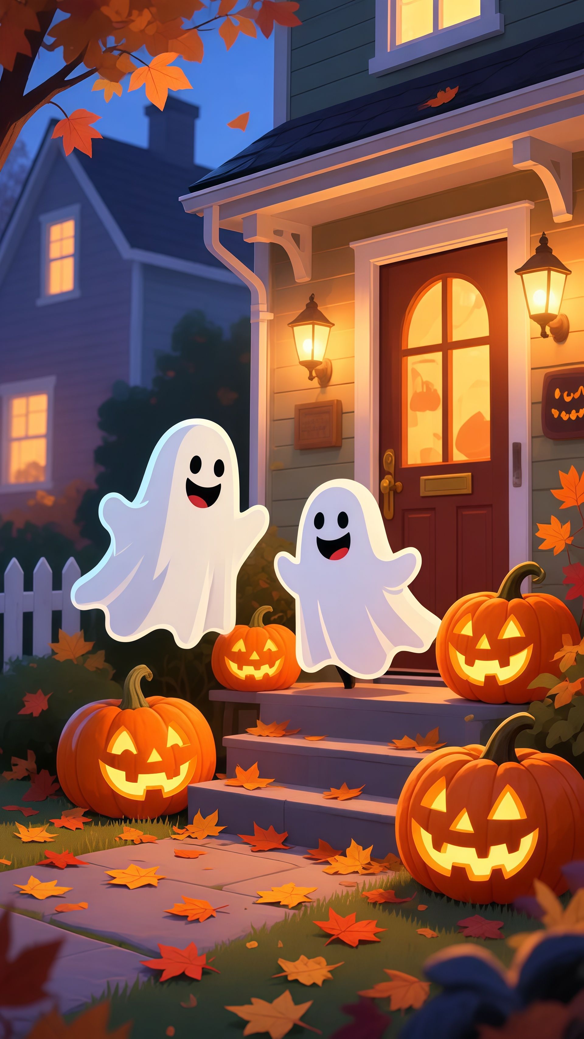 Cute Cartoon Ghosts Front Door Pumpkins Wallpaper