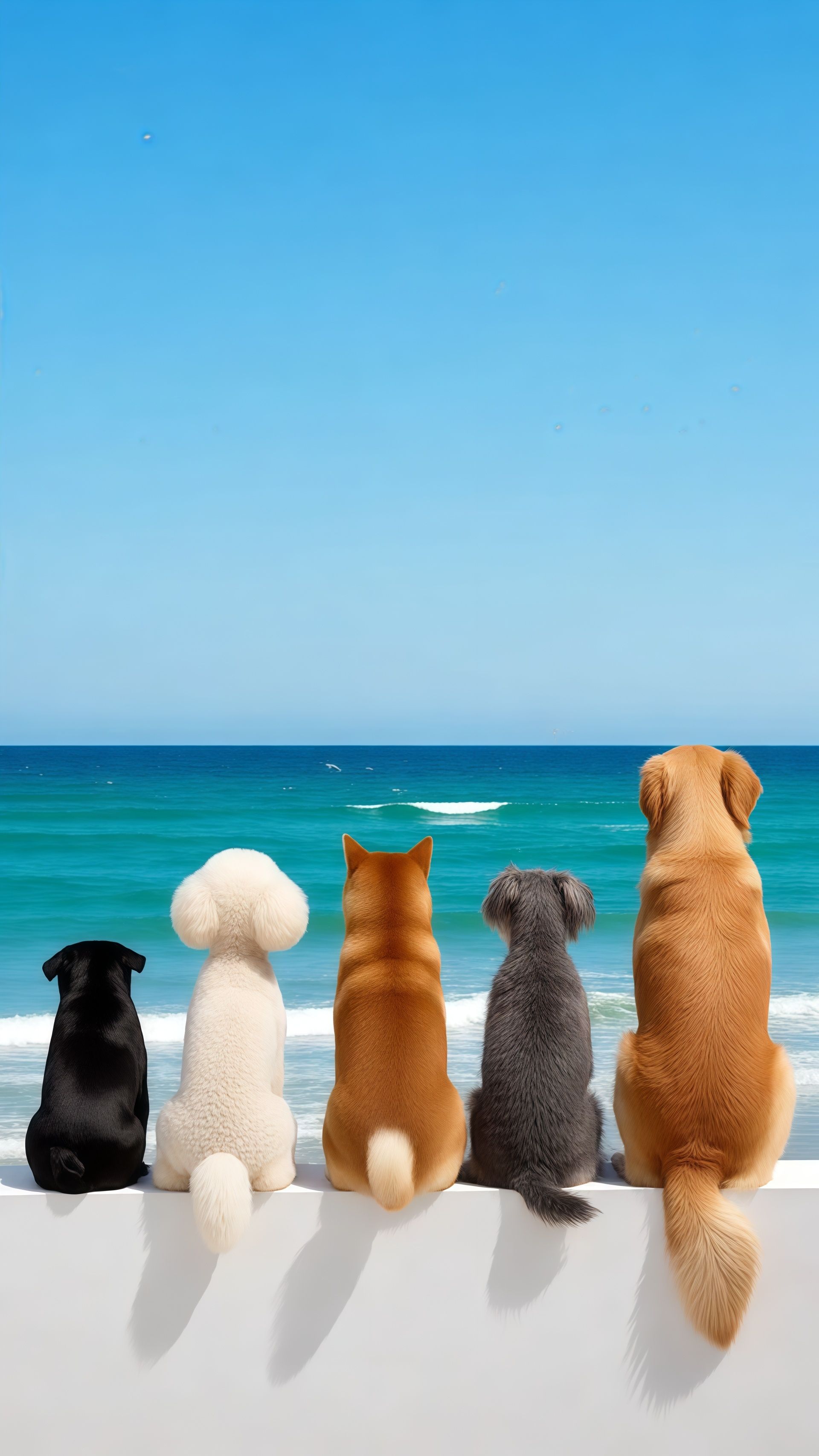Diverse Dogs Back View Beach Ocean View Wallpaper