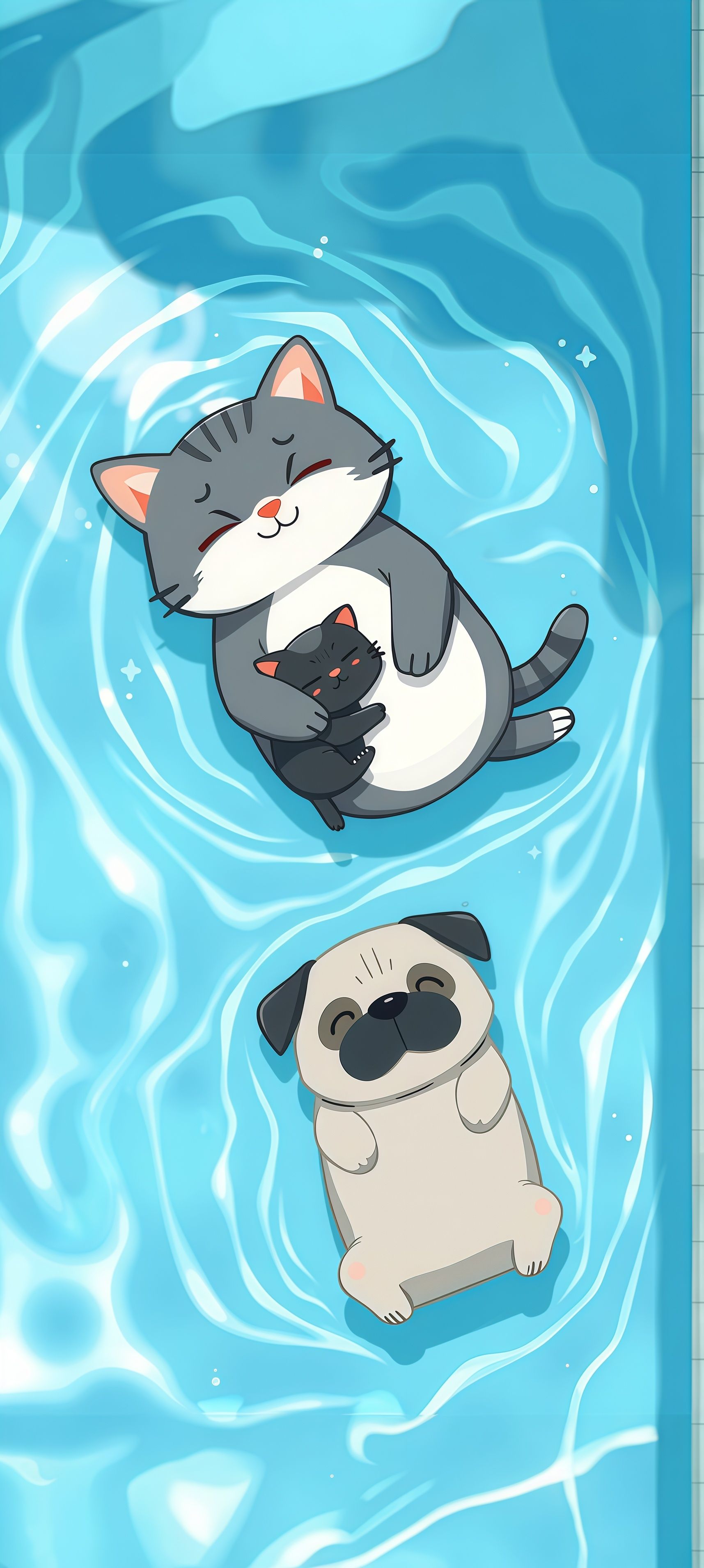 Floating Cats and Pug in Pool Wallpaper