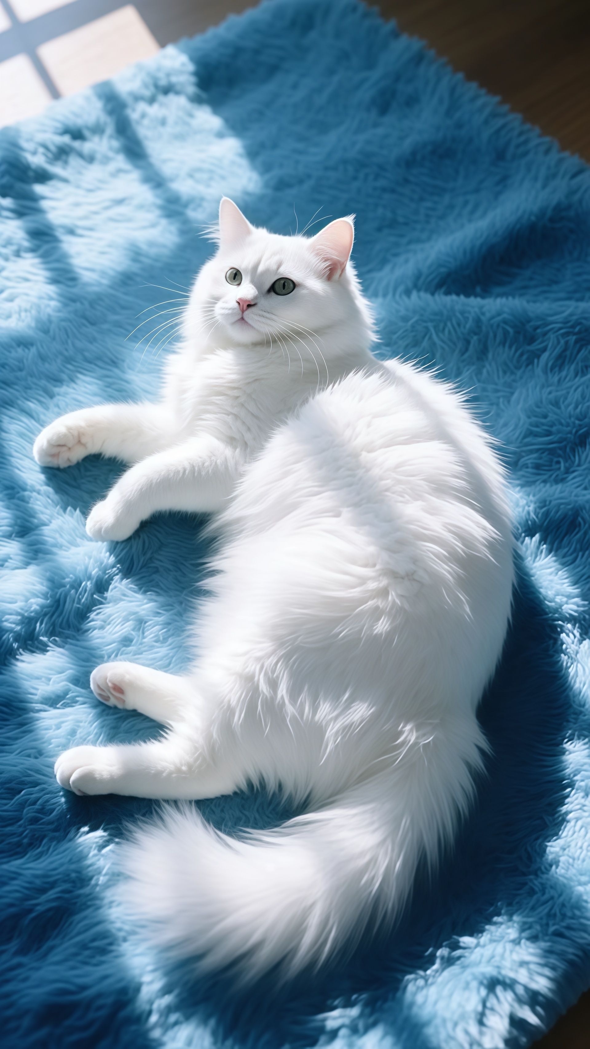 Fluffy White Cat Relaxing on Blue Blanket Wallpaper