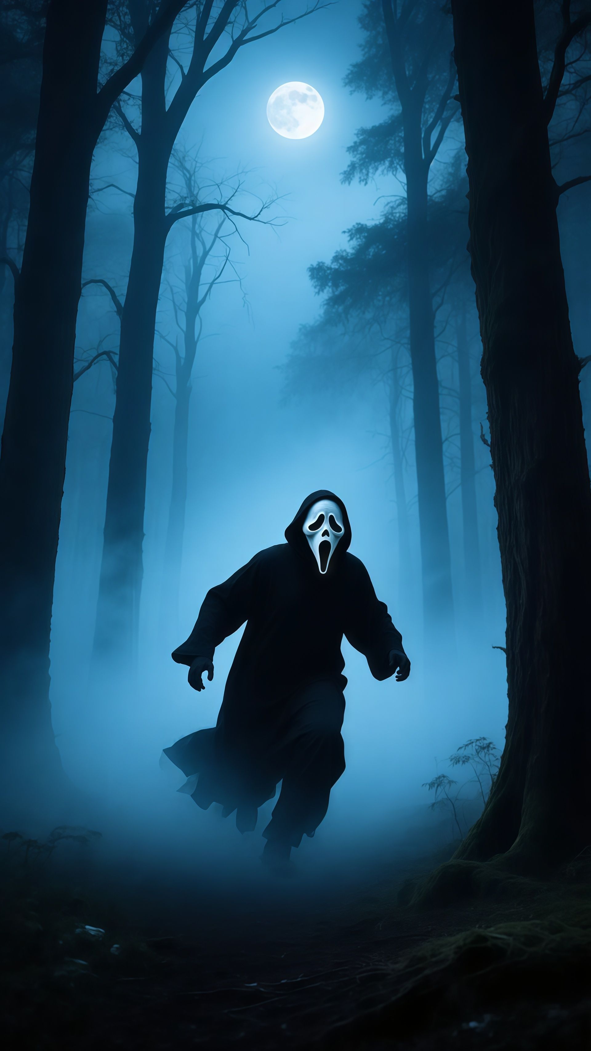 Ghostface Chasing in Blue Fog Forest Wallpaper