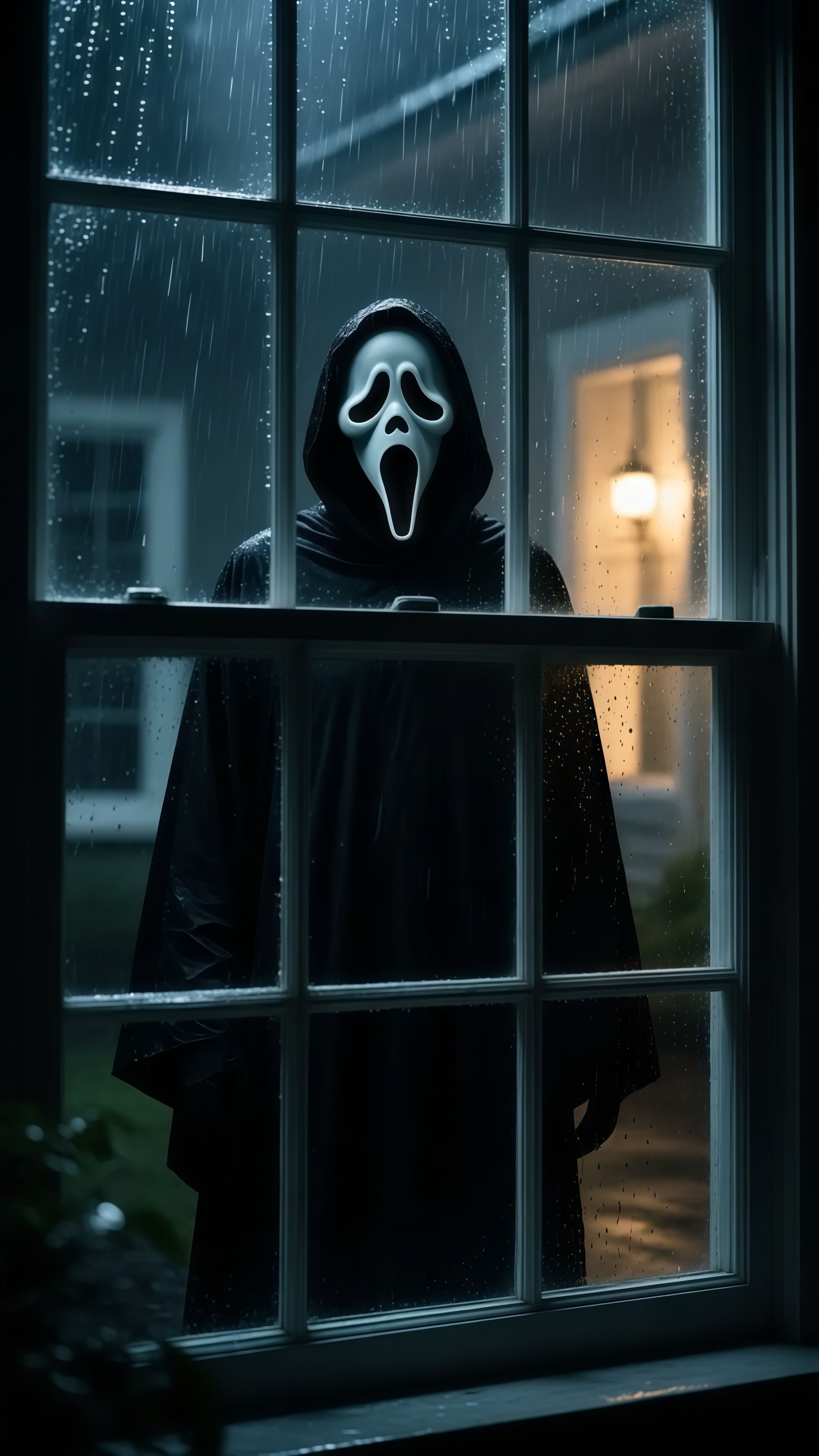 Ghostface Staring Through Rainy Window Wallpaper