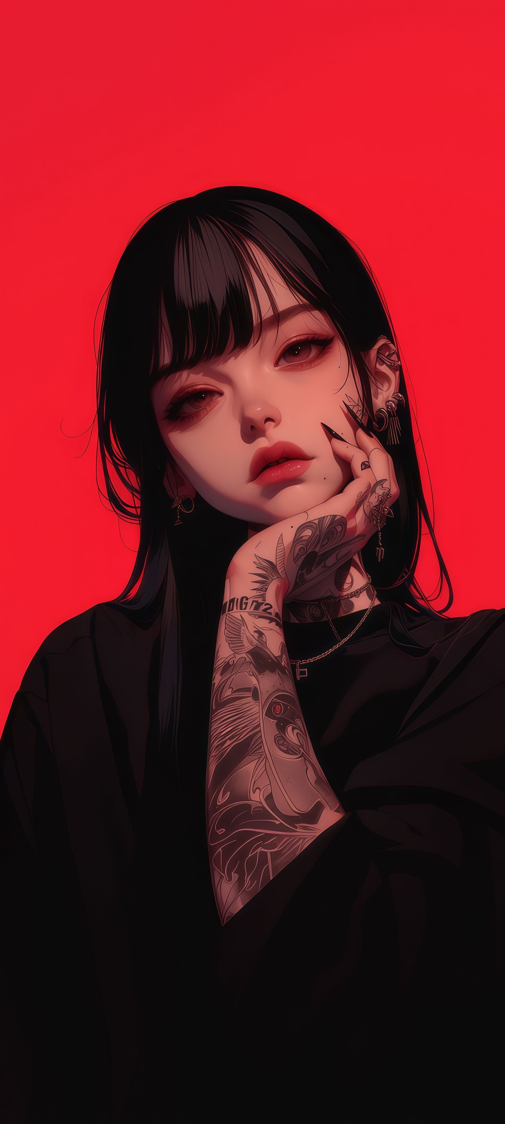 Gothic Tattoo Anime Girl Red Aesthetic Wallpaper