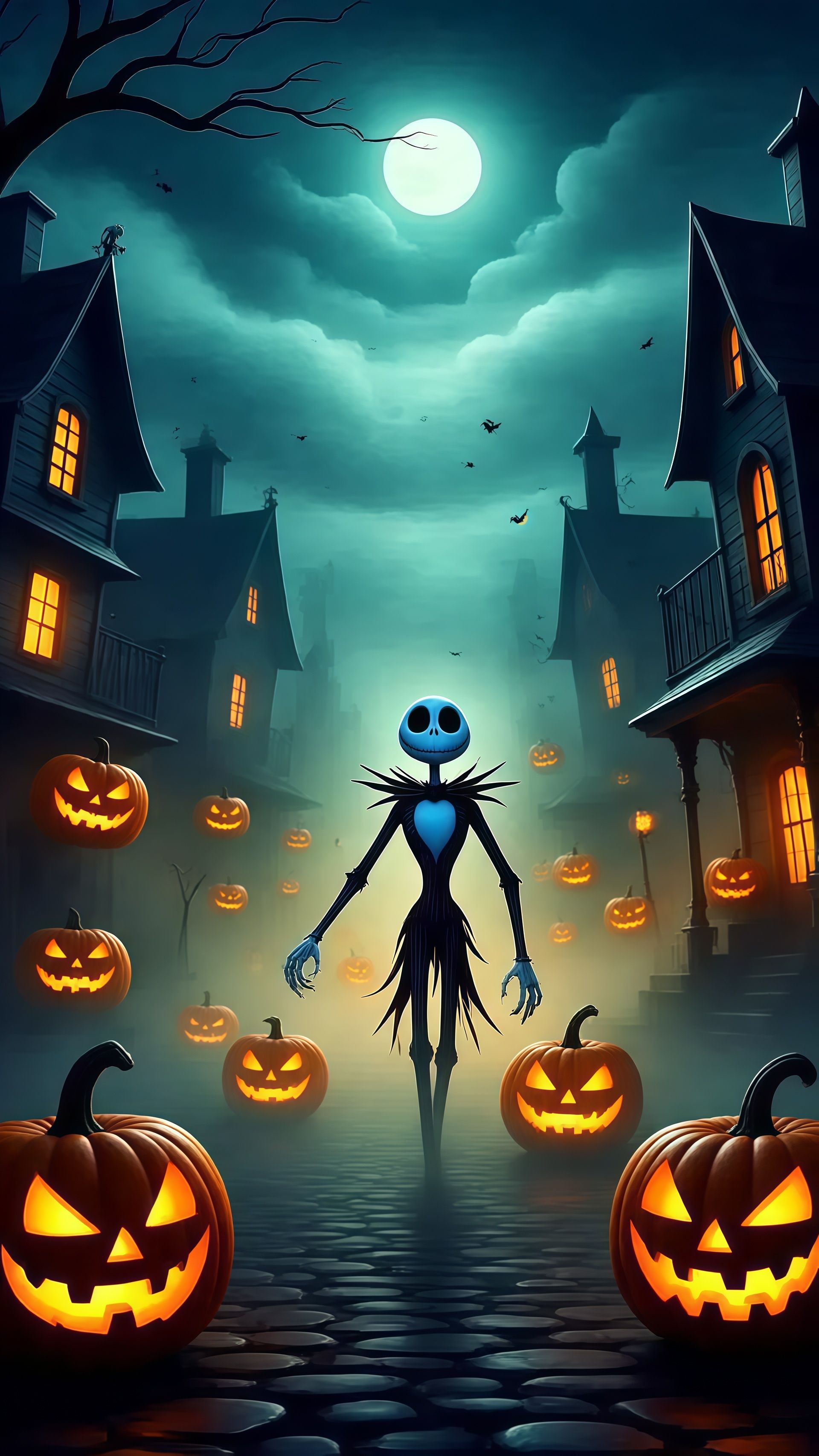 Jack Skellington in a Full Moon Town Wallpaper