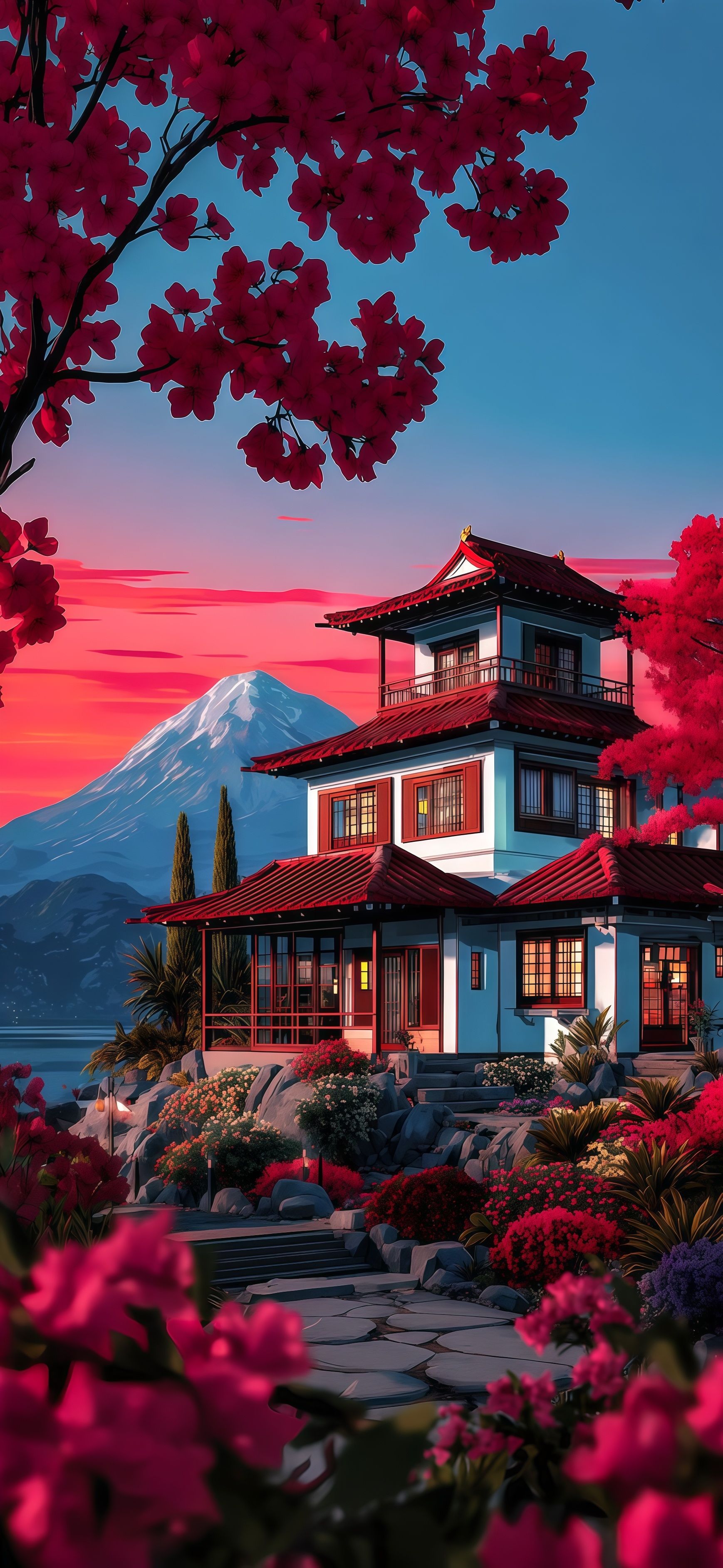 Japanese House Mount Fuji Cherry Blossom Wallpaper