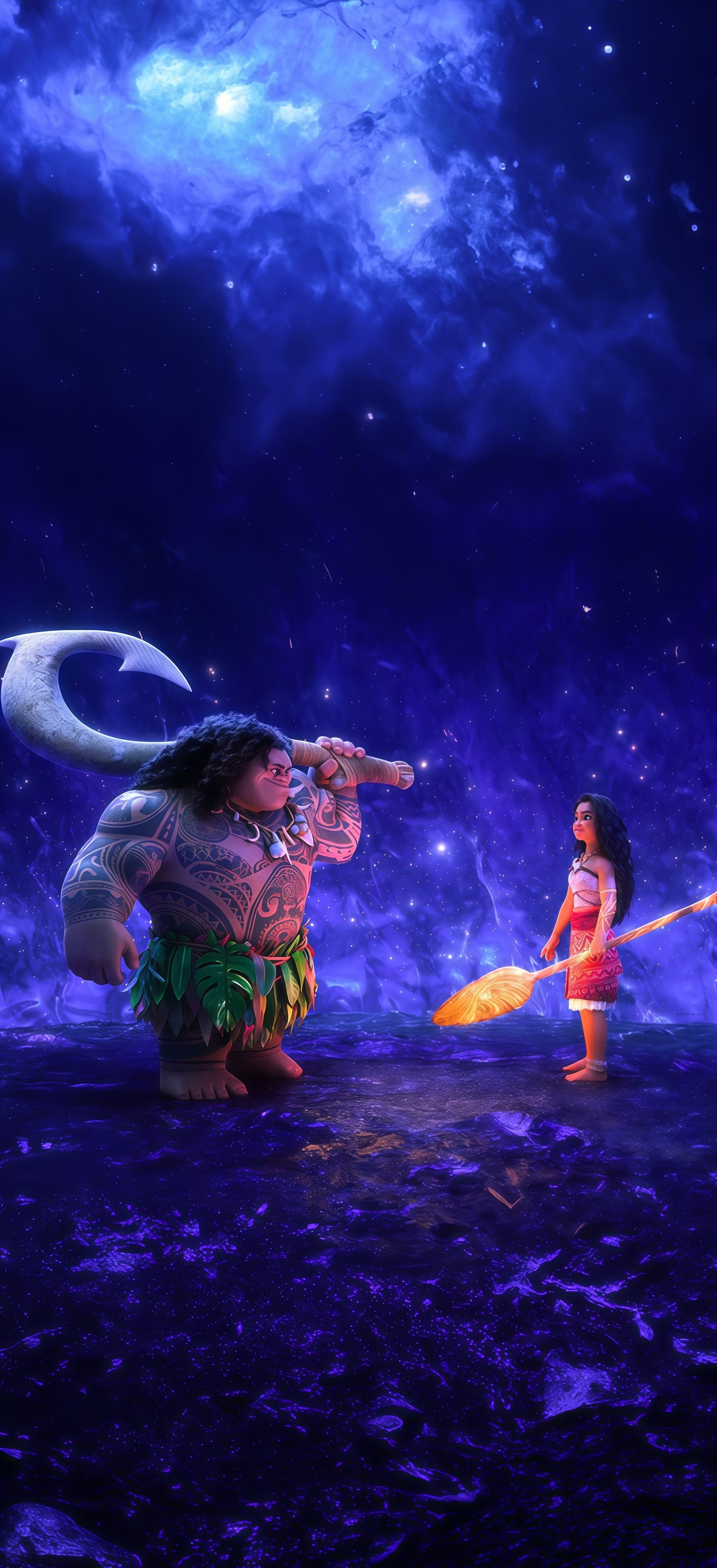 Moana and Maui Ocean Night Starry Wallpaper