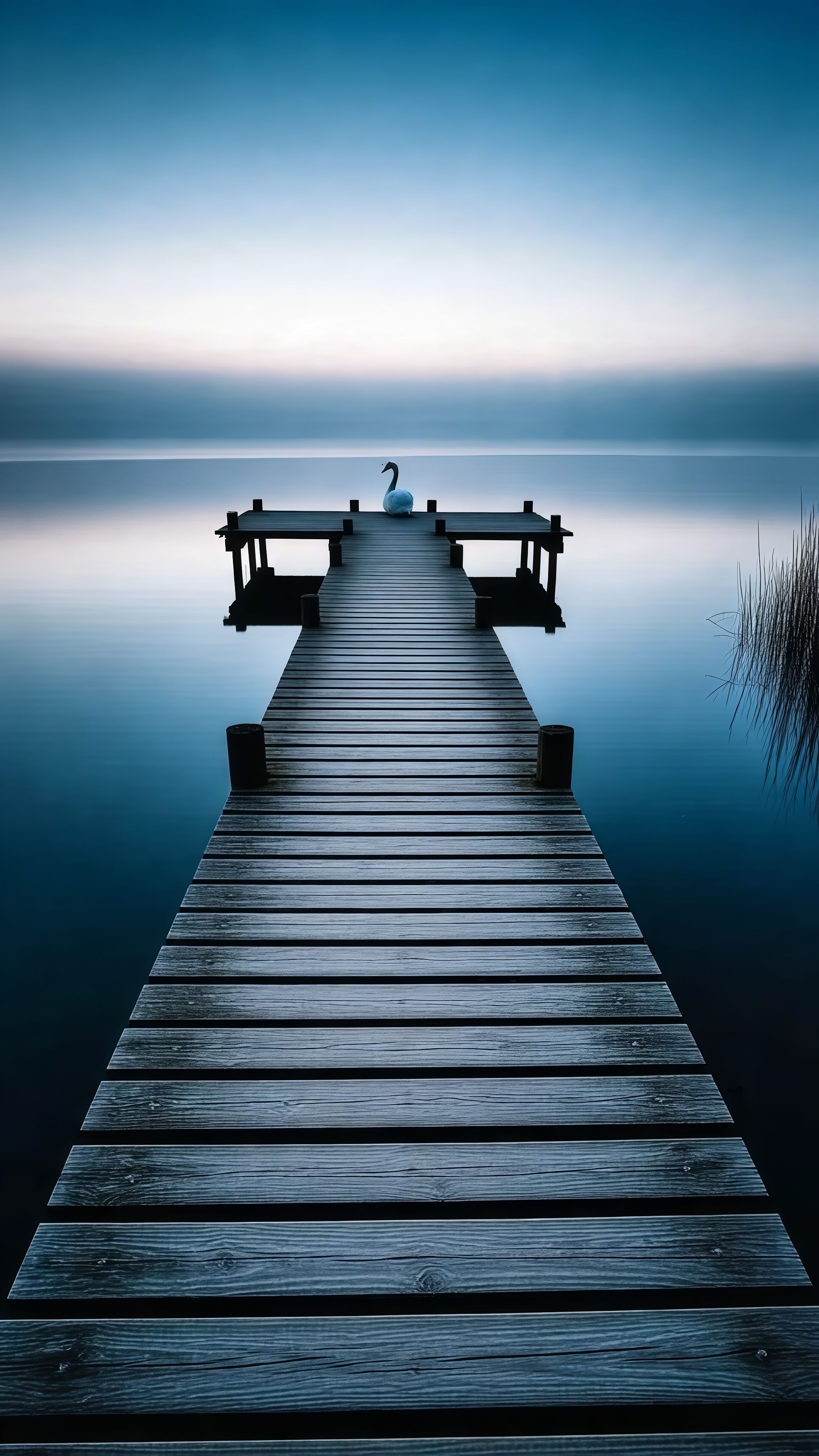 Moody Tranquil Lake Pier Swan Twilight Wallpaper