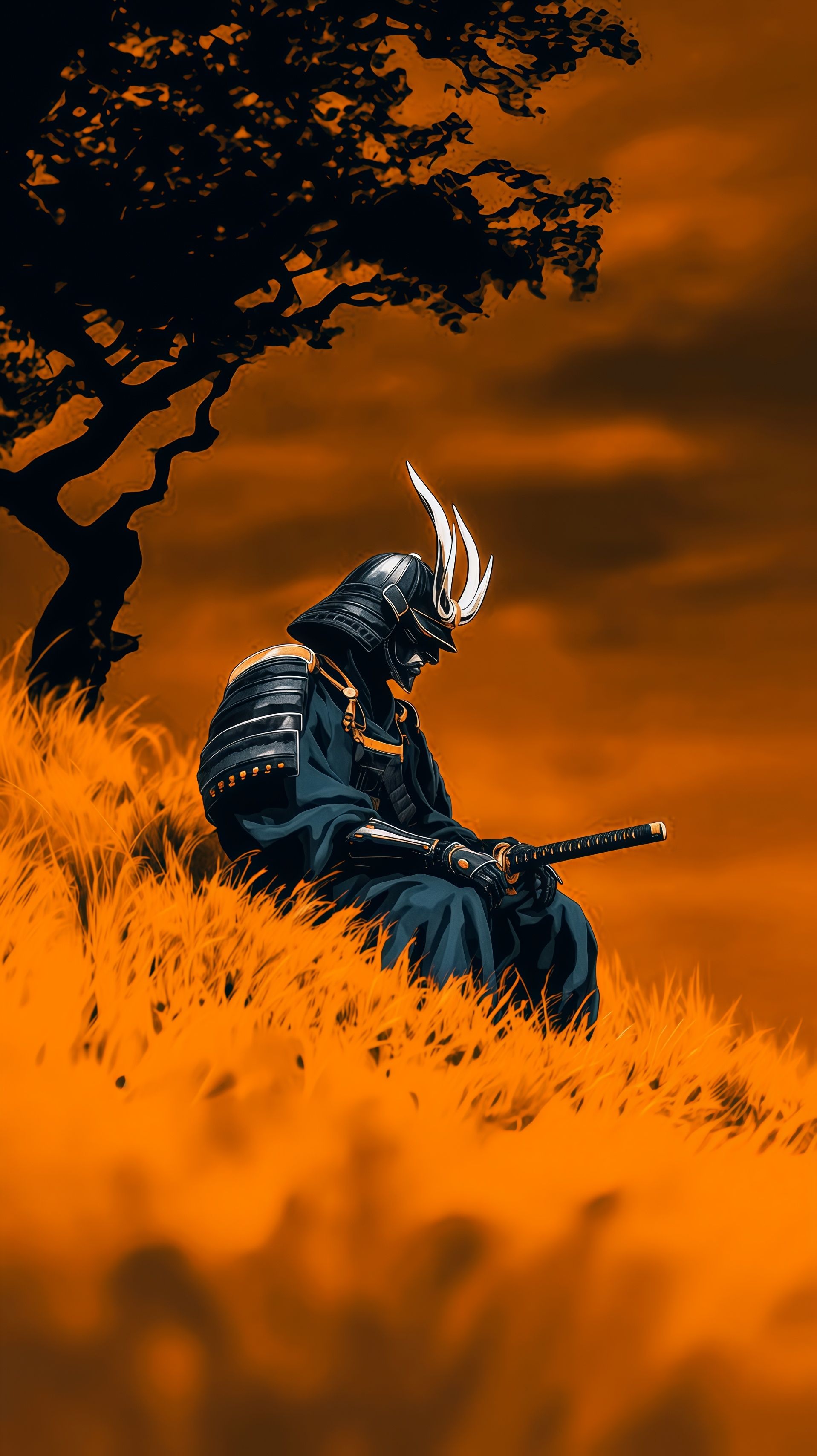 Samurai Warrior Meditating Sunset Orange Wallpaper