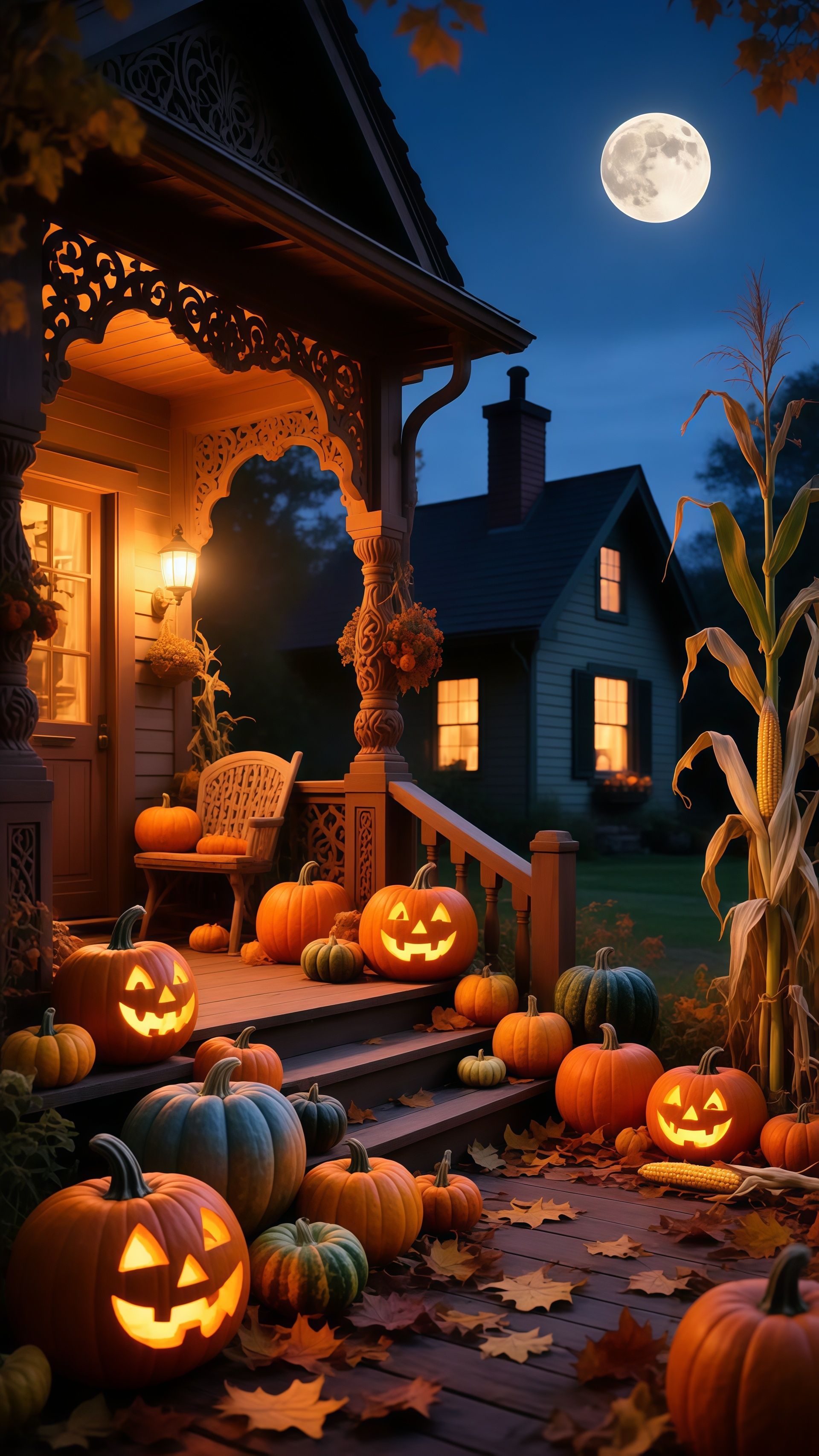 Spooky Halloween Pumpkins Porch Full Moon Wallpaper