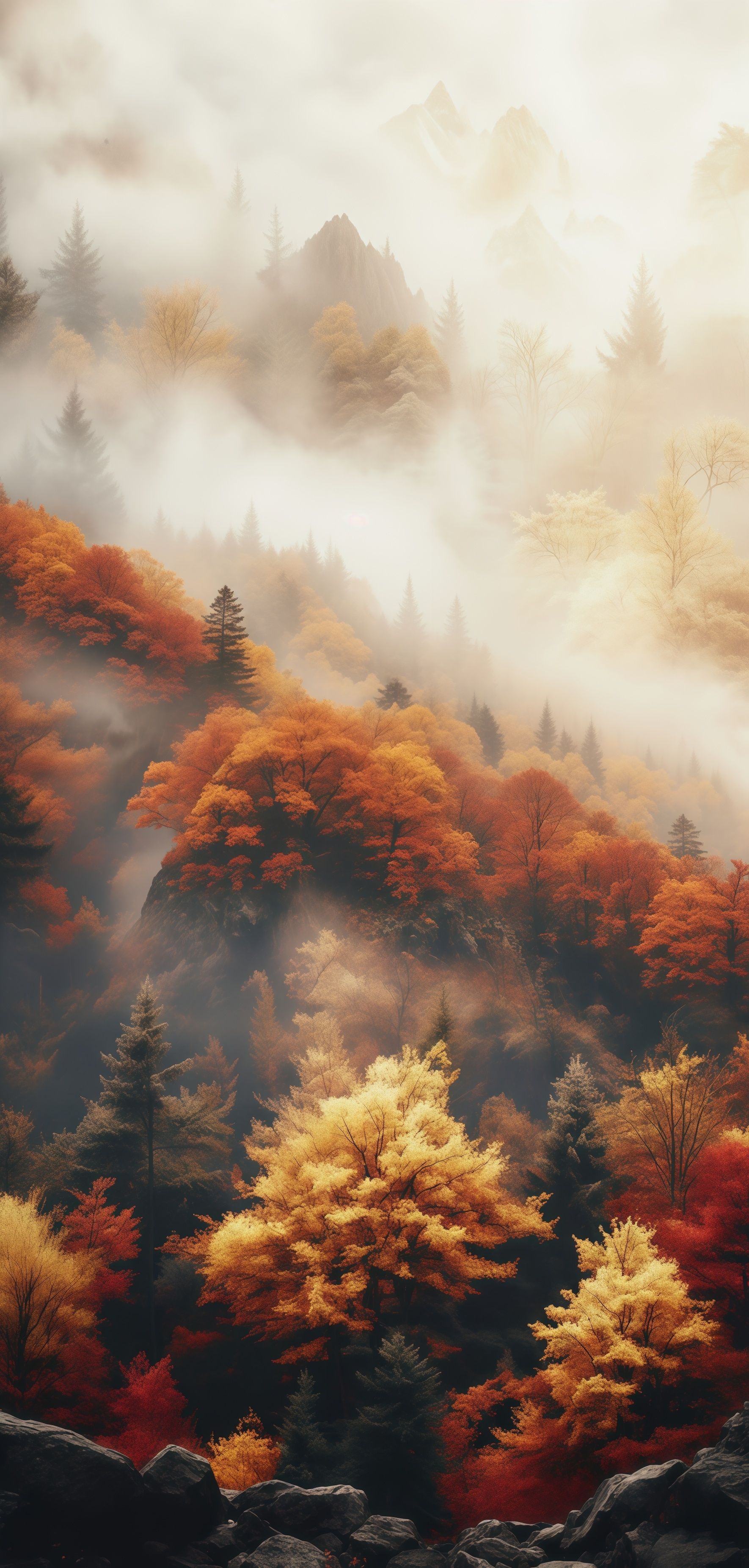 Brilliant Autumn Foggy Forest Orange Yellow Wallpaper