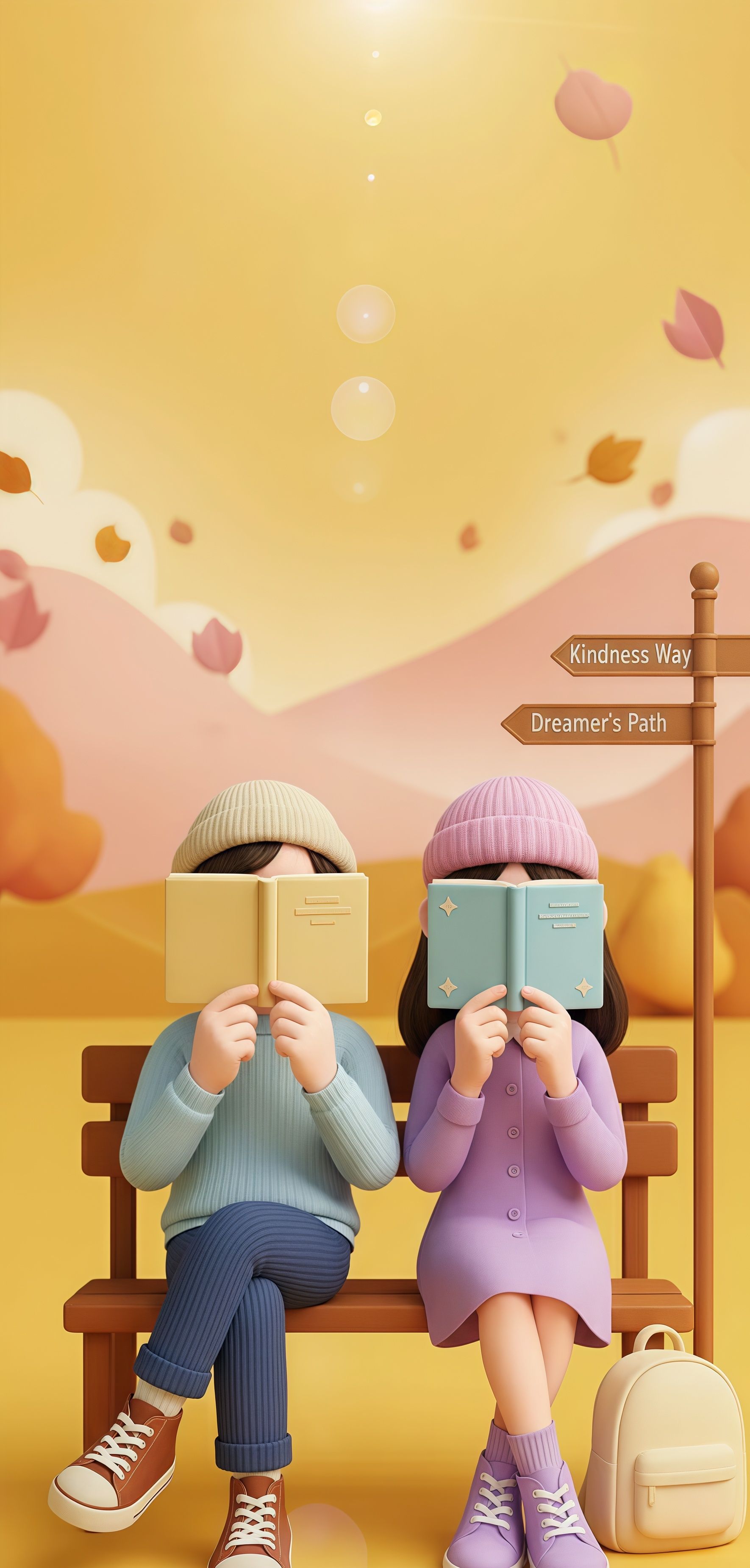 Cute 3D Couple Autumn Reading Wallpaper