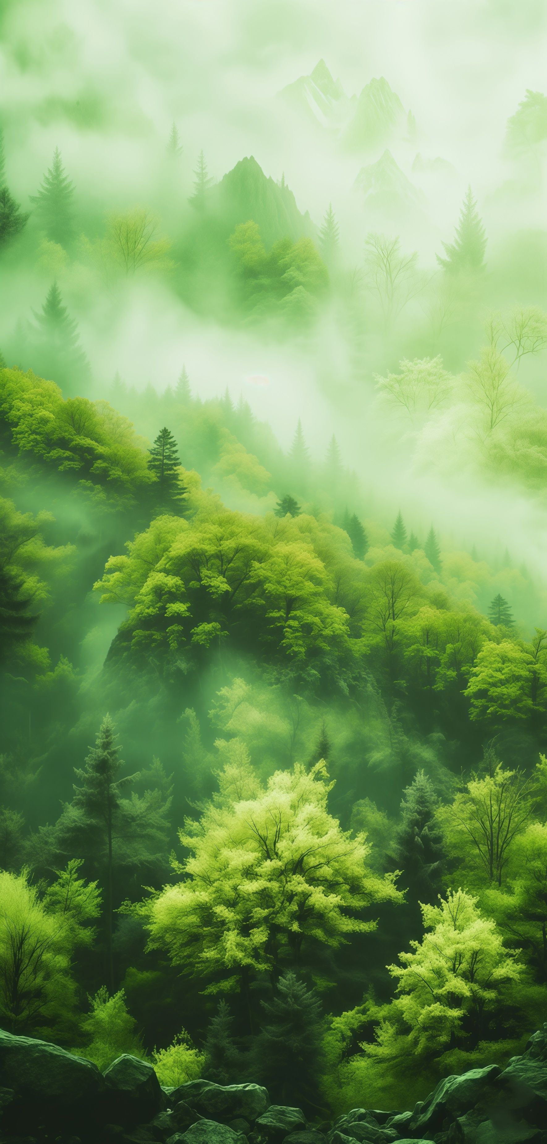 Emerald Green Forest Foggy Mountain Wallpaper