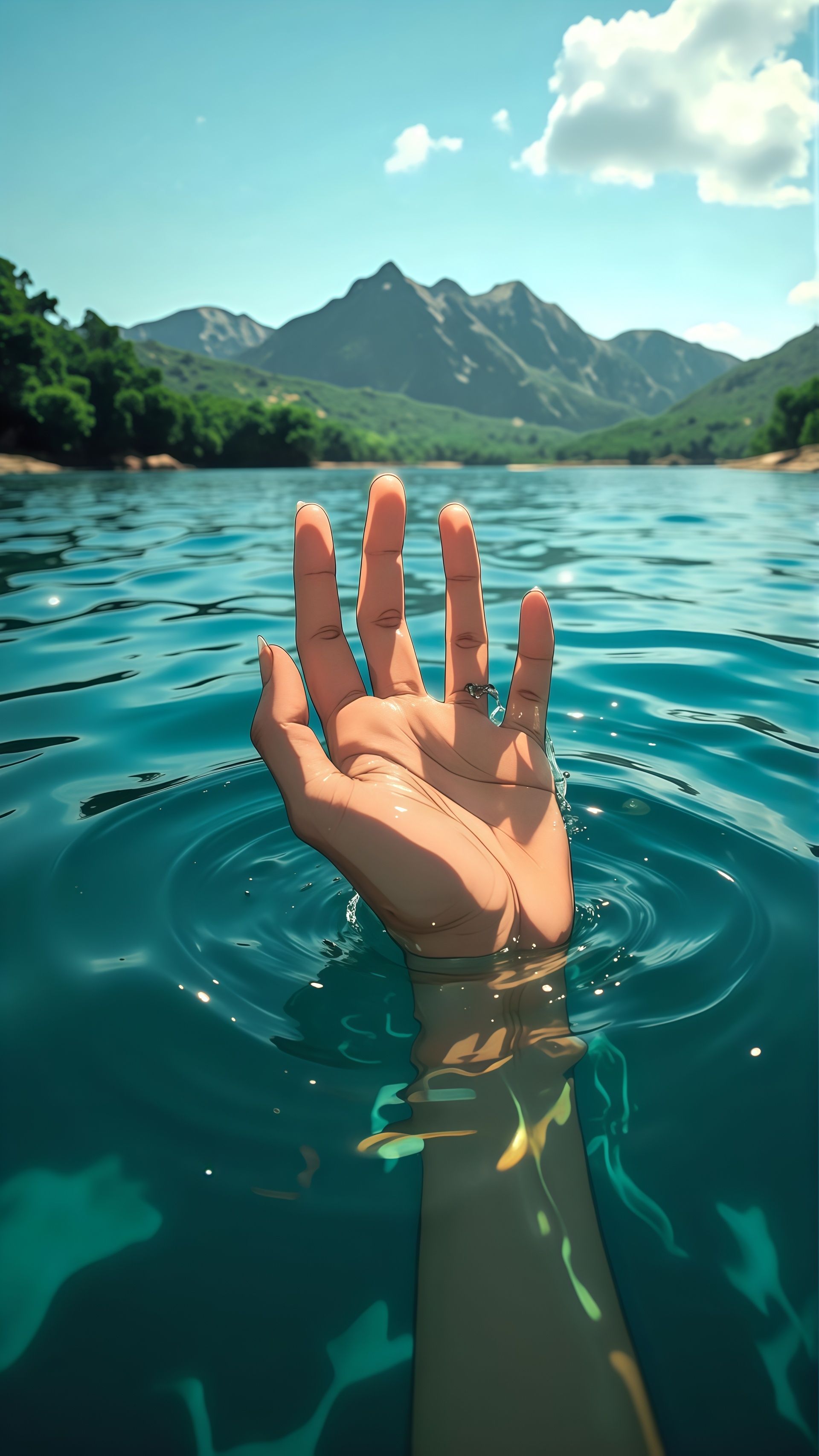 Hand Reaching Out of Water Landscape Wallpaper