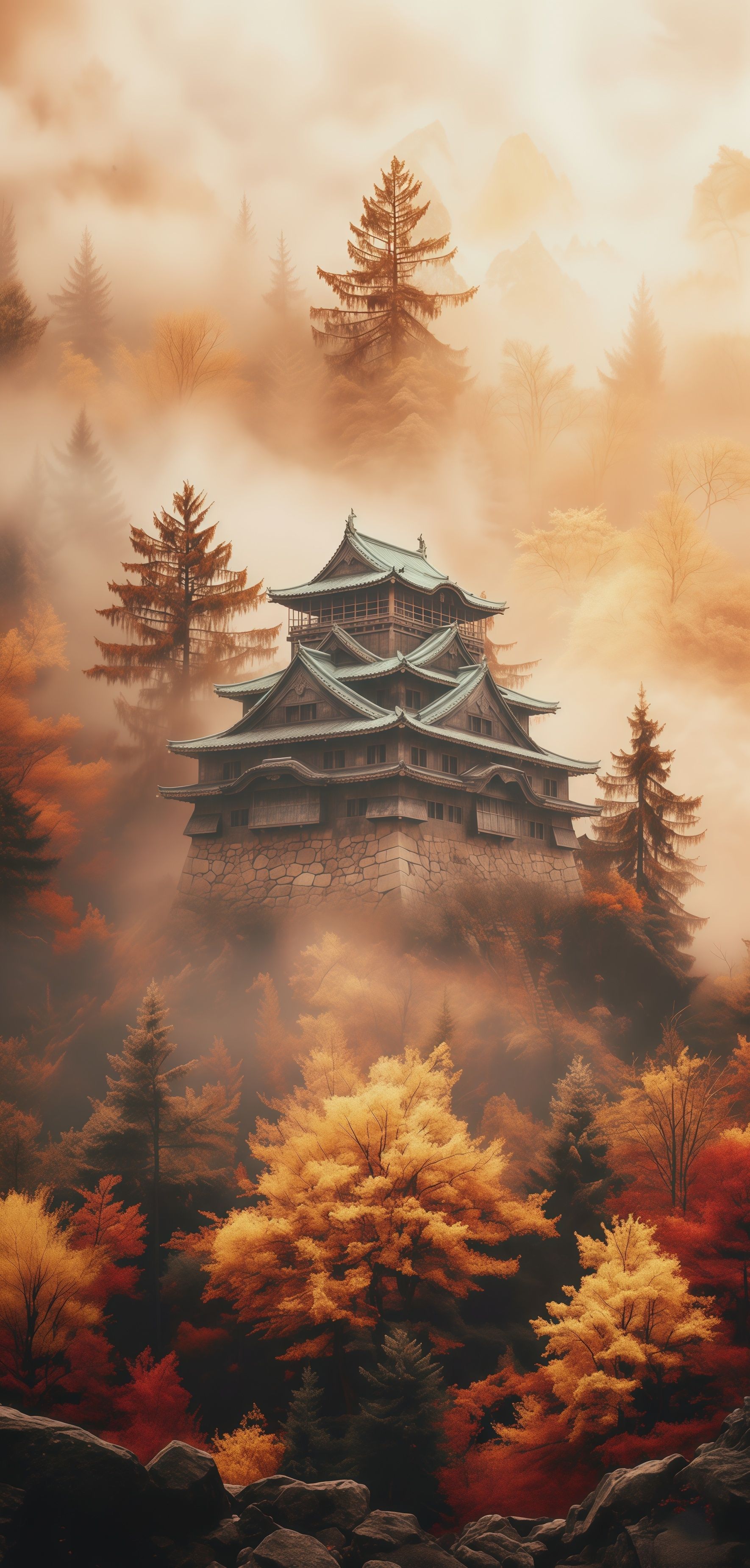 Japanese Castle Autumn Fog Landscape Wallpaper