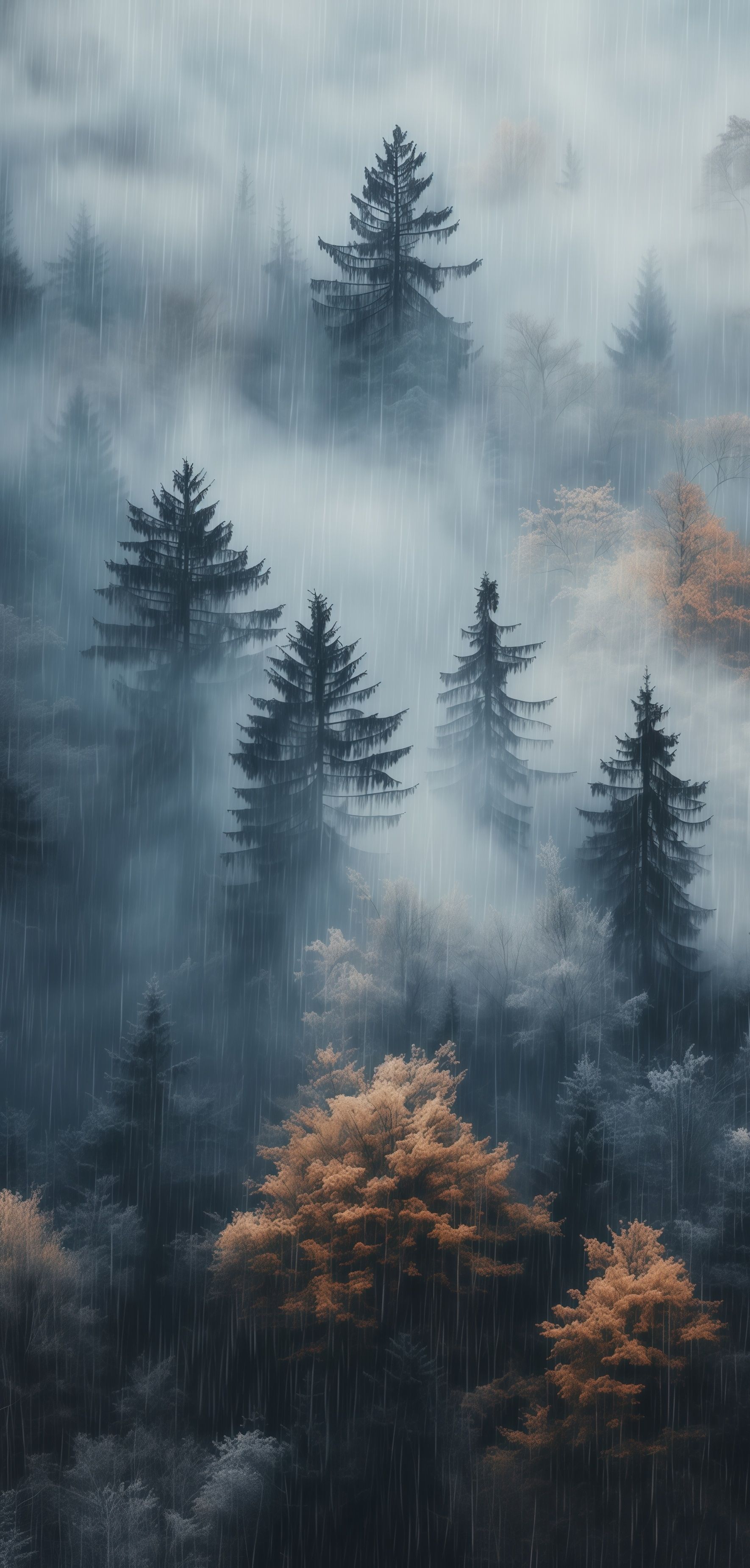 Moody Autumn Rain Forest Pine Trees Wallpaper