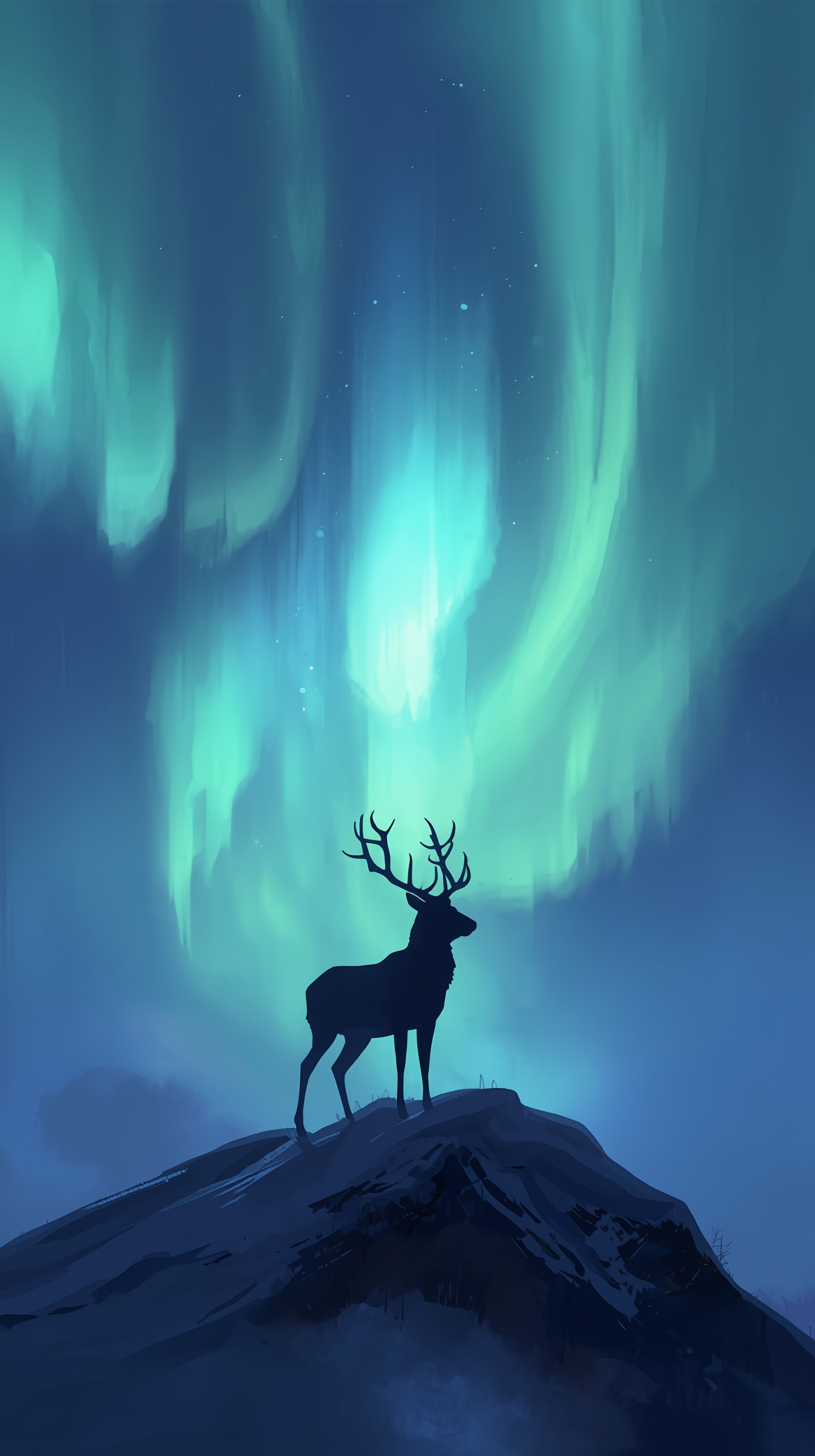 Mythic Aurora Borealis Stag Silhouette Wallpaper