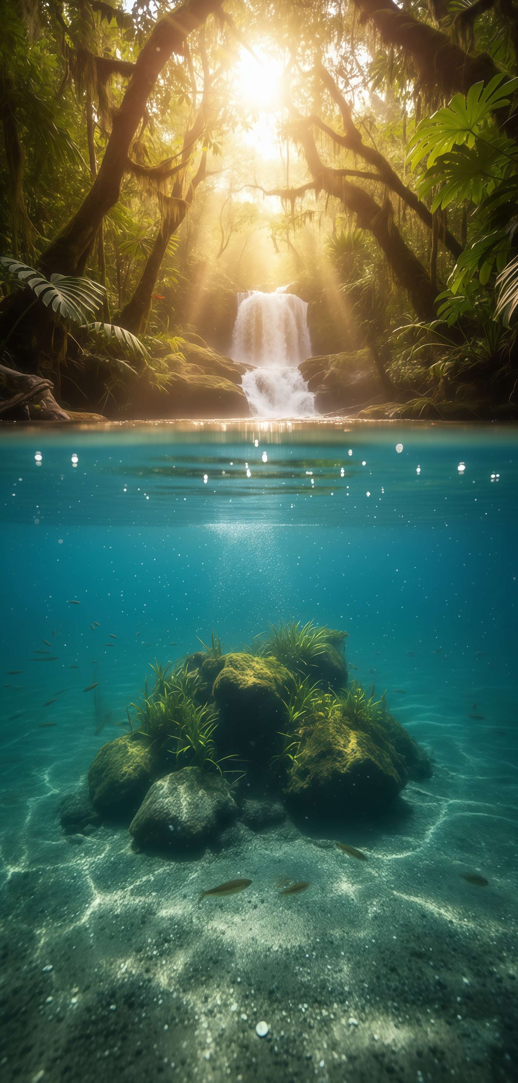 Rainforest Waterfall Sunbeams Submerged Wallpaper