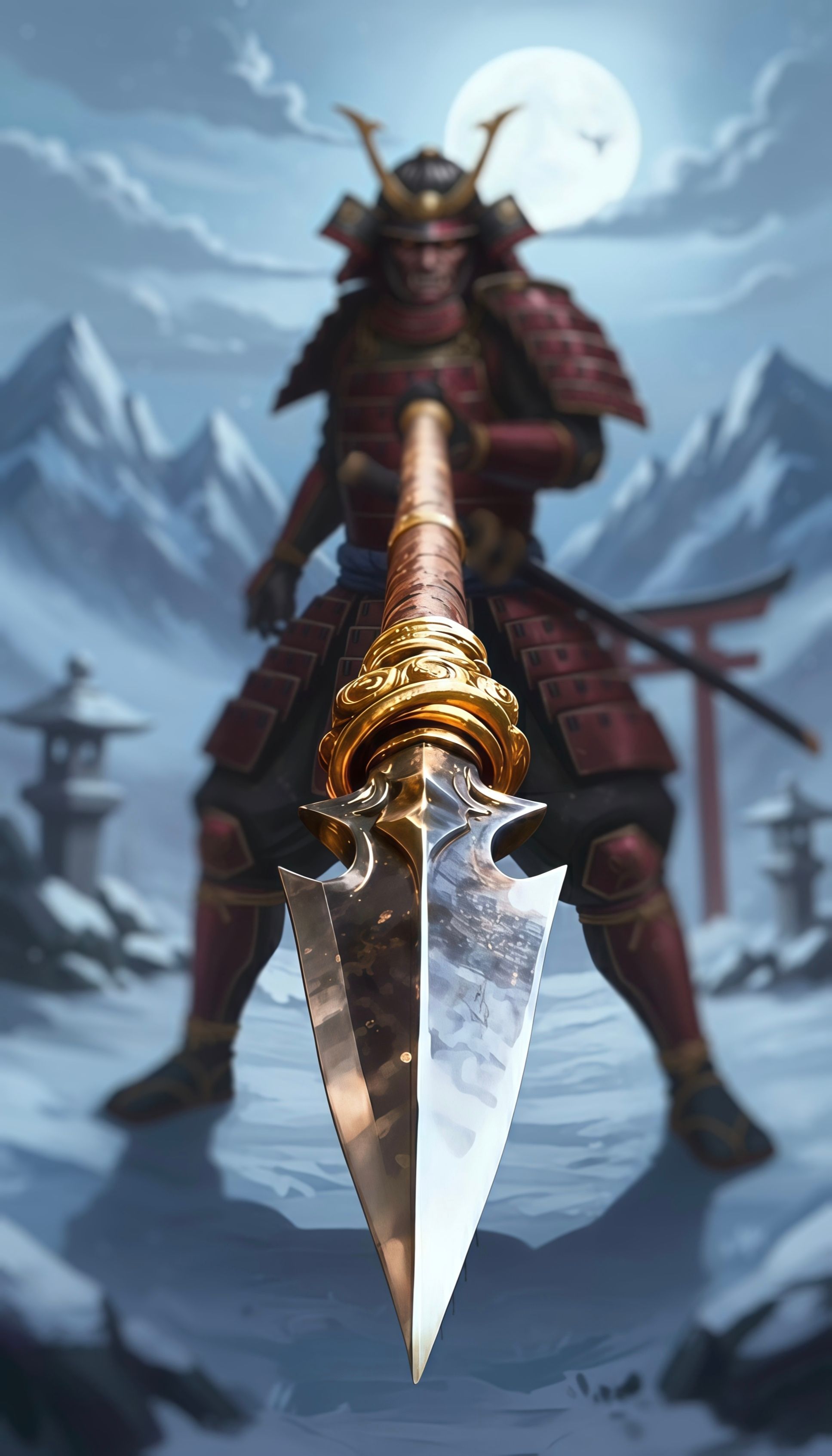 Red Samurai Warrior Spear 3D Wallpaper