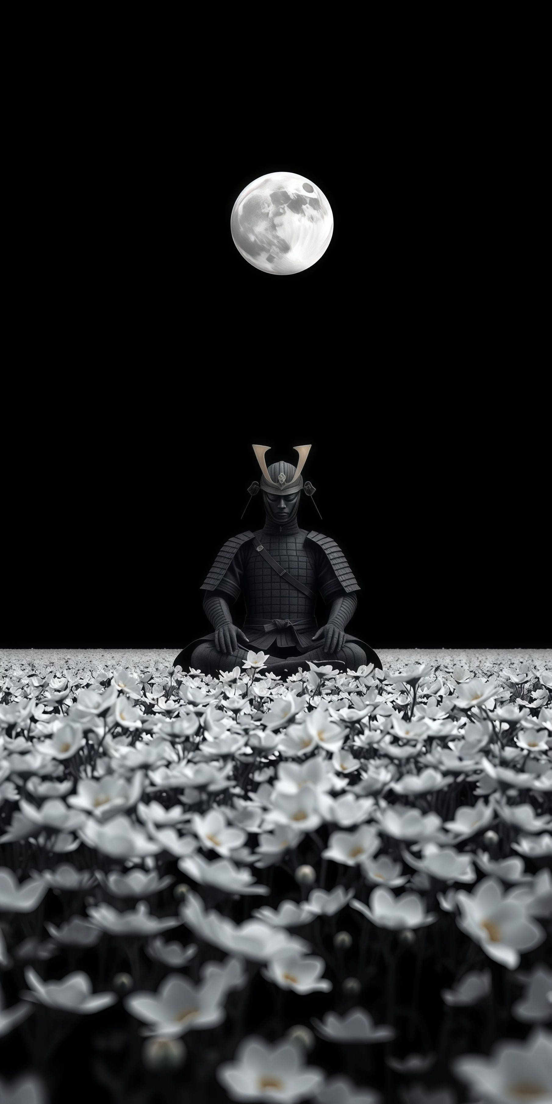 Samurai Meditation Moonlight Flower Field Wallpaper
