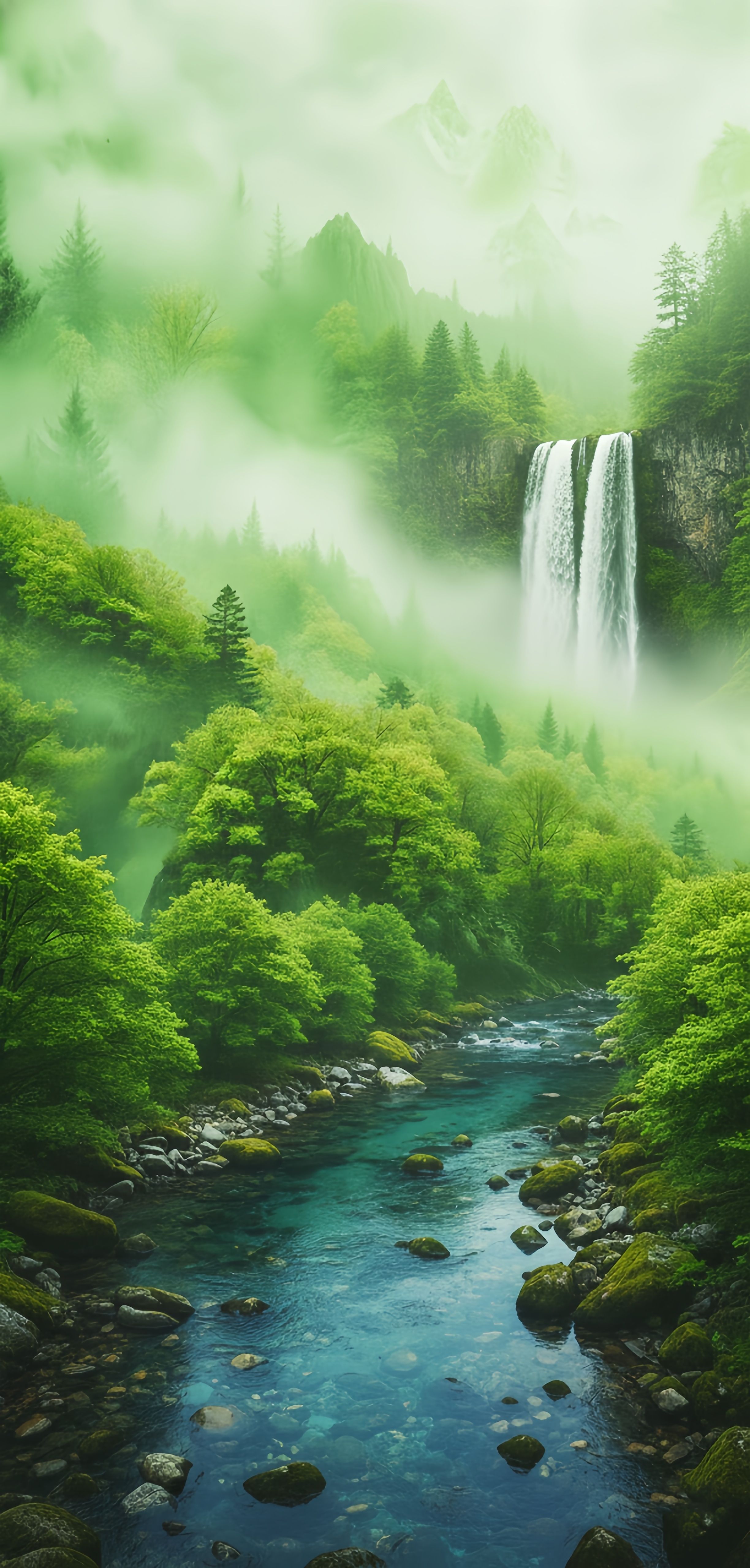 Serene Green Forest Waterfall River Valley Wallpaper