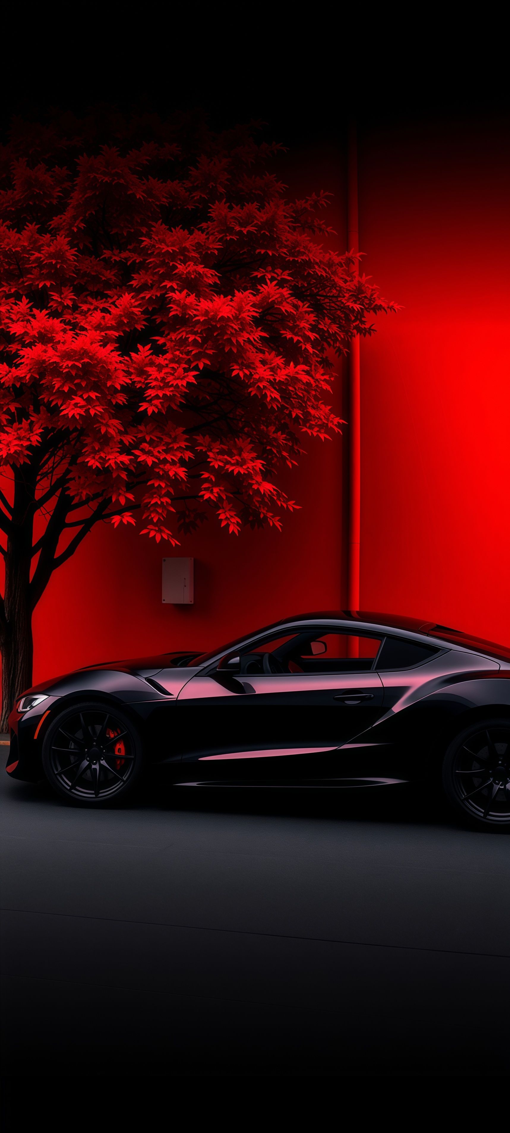 Sleek Black Sports Car Red Aesthetic Night Wallpaper