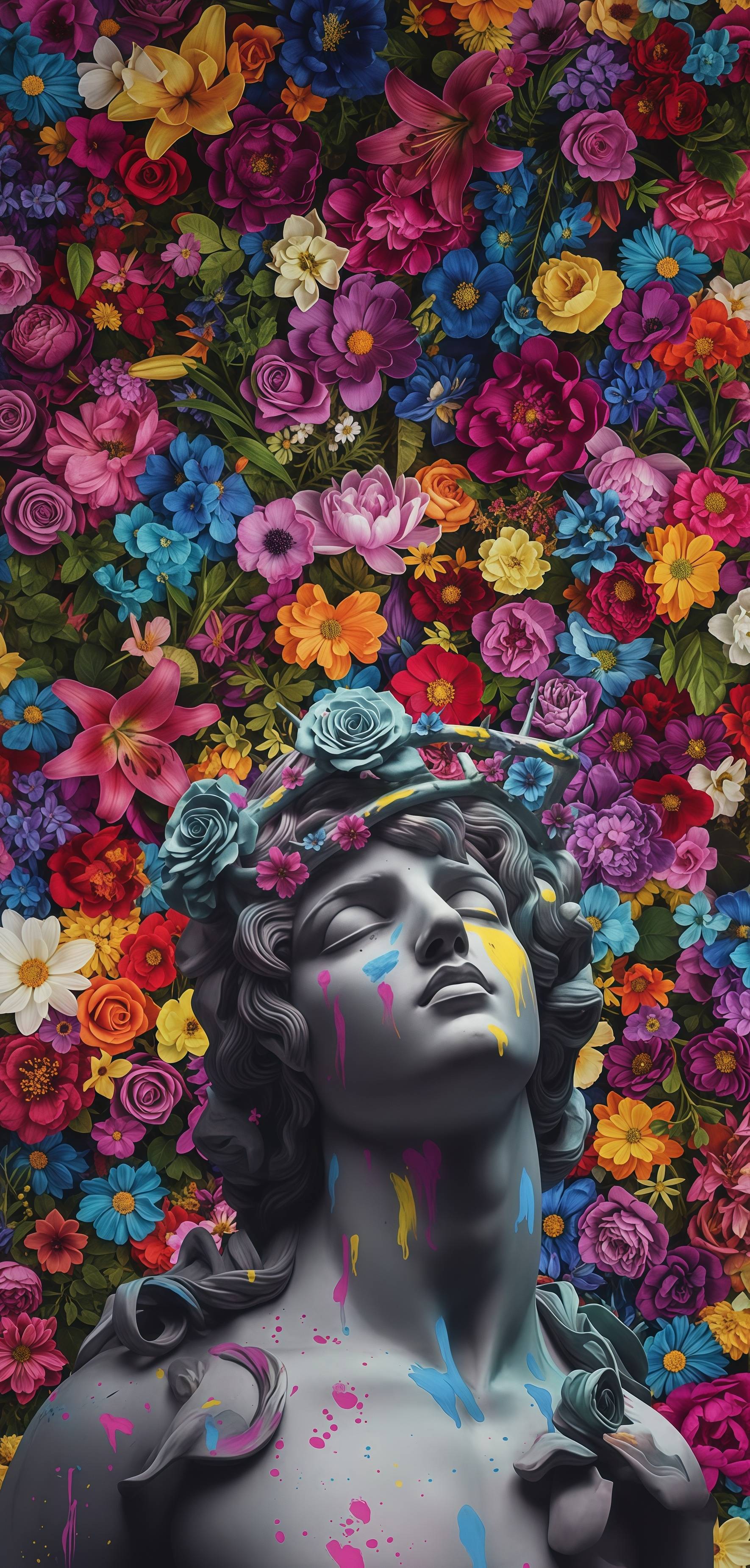Vibrant Color Splash Statue Floral Art Wallpaper