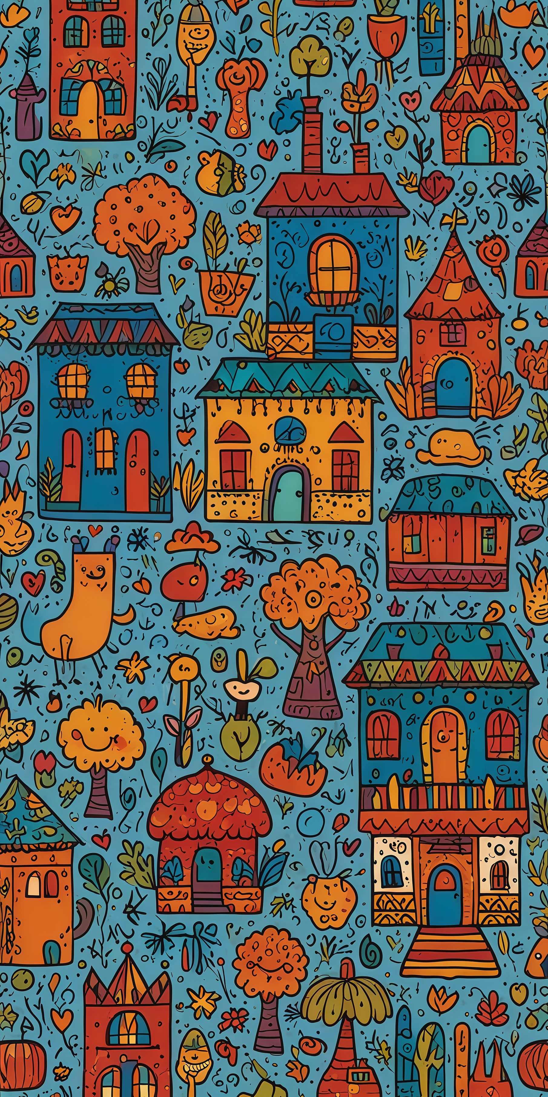 Vibrant Folk Art Doodle Village Wallpaper