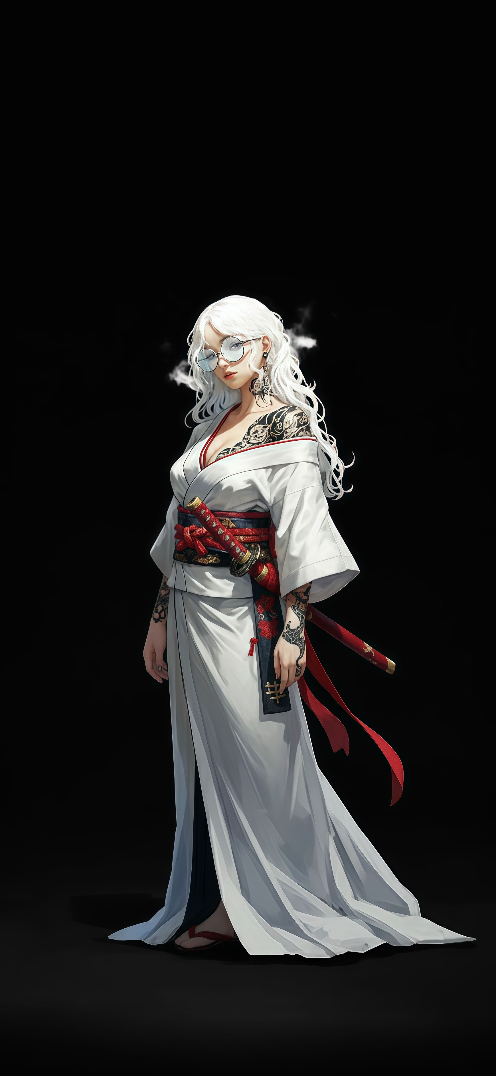White Kimono Tattooed Samurai Woman Dark Wallpaper