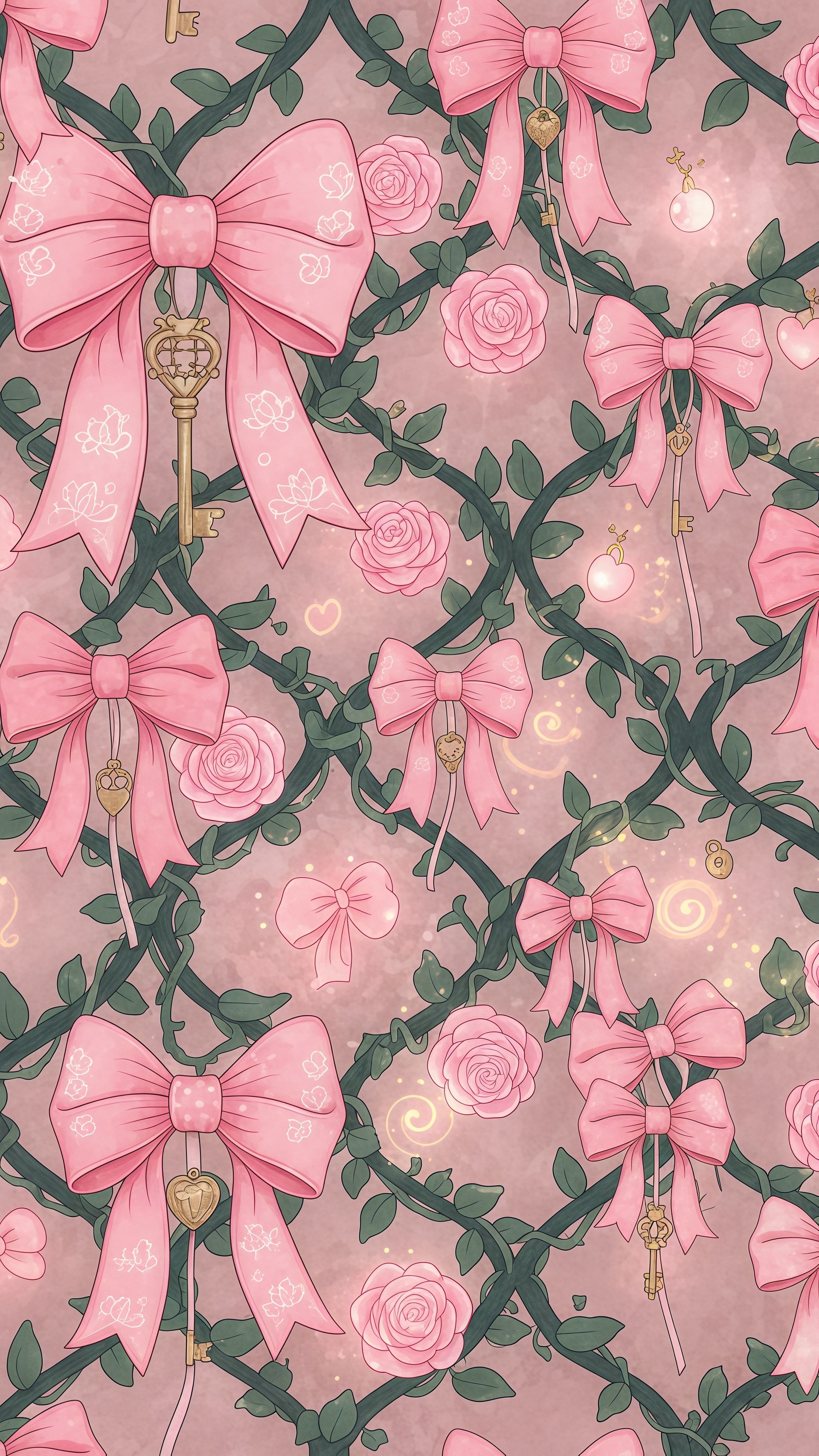 Pink Rose Vine Bow Key Magical Girl Wallpaper