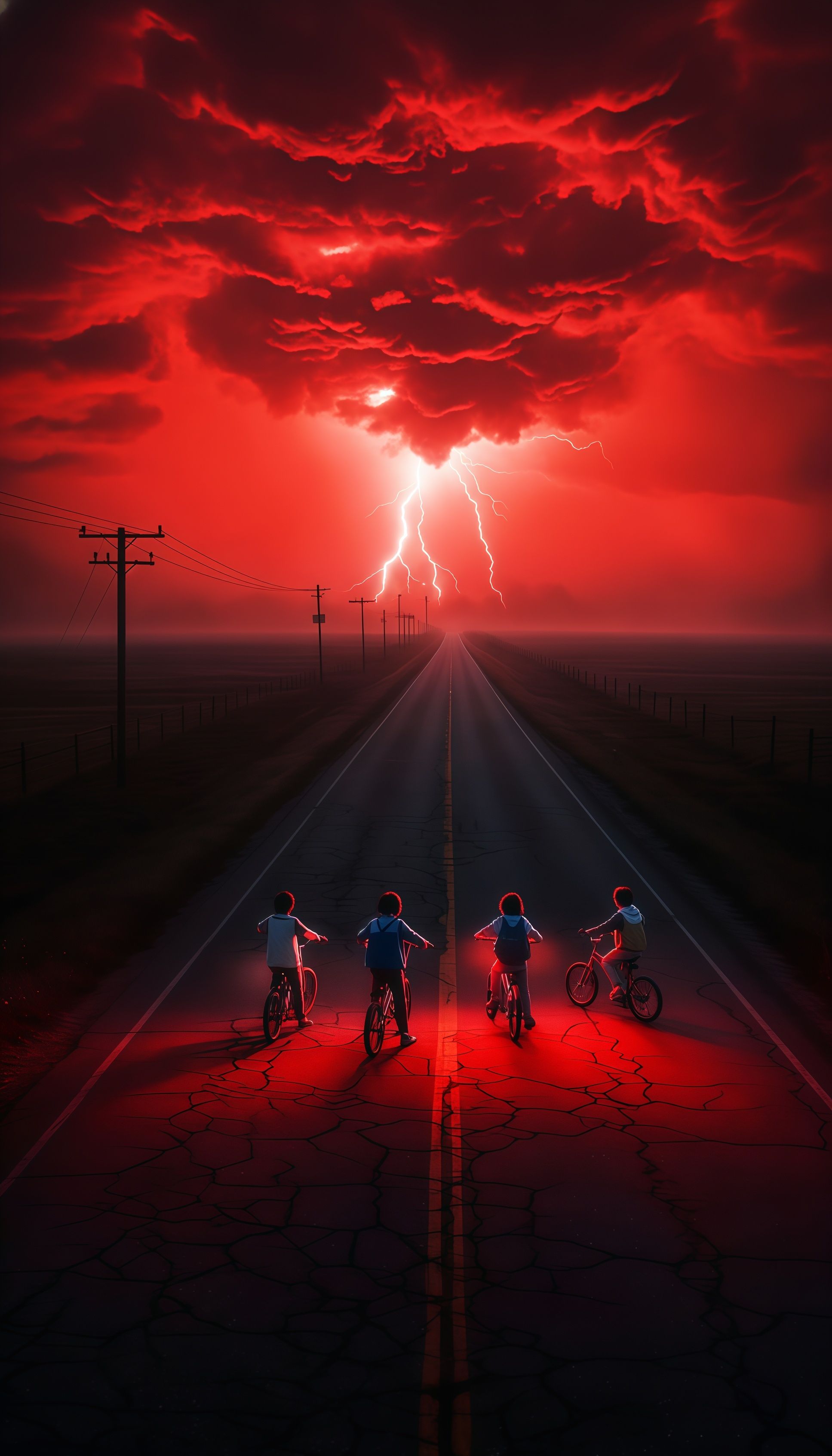 Stranger Things Kids on Bikes Red Sky Wallpaper