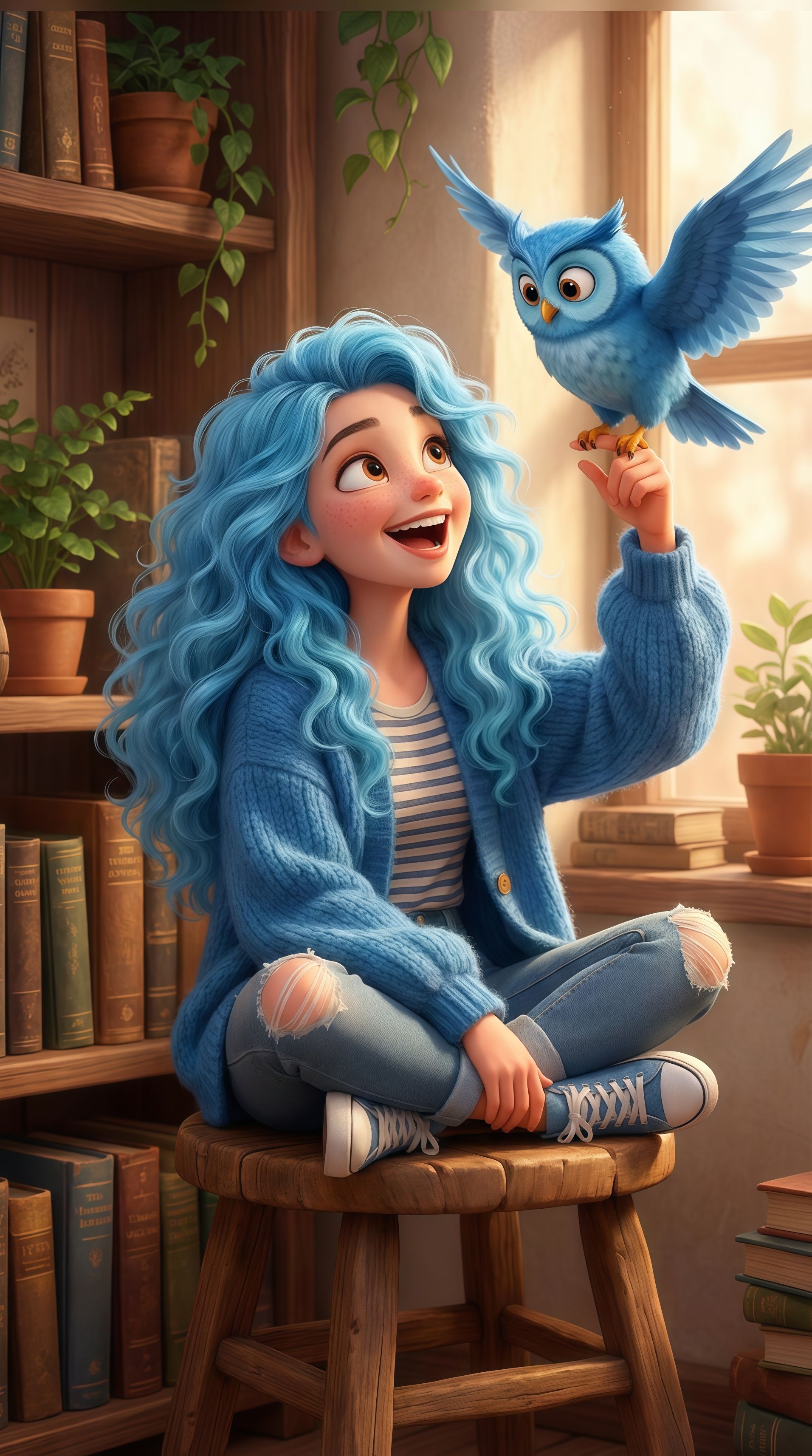 Blue Hair Girl and Owl Wallpaper