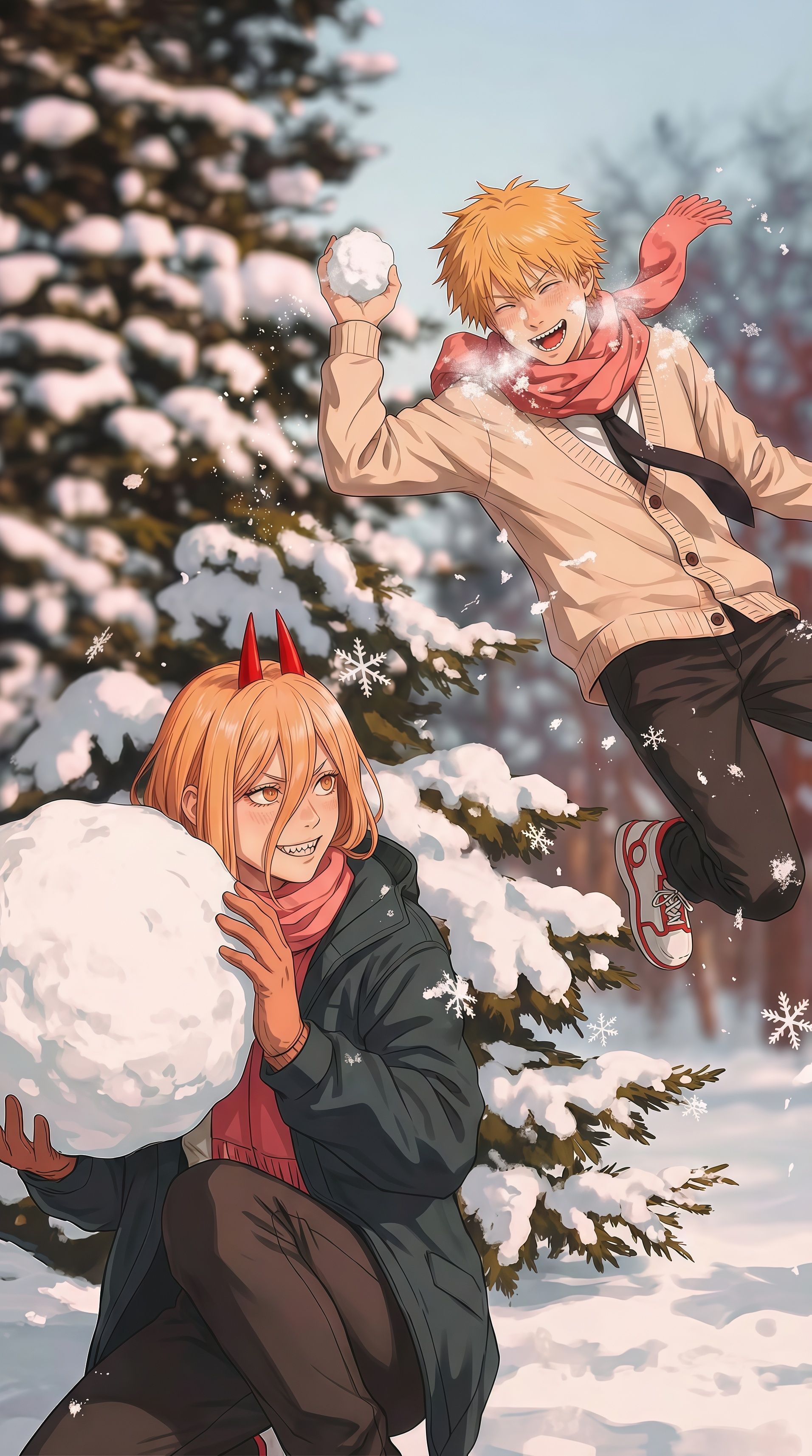 Denji and Power Snowball Fight Wallpaper