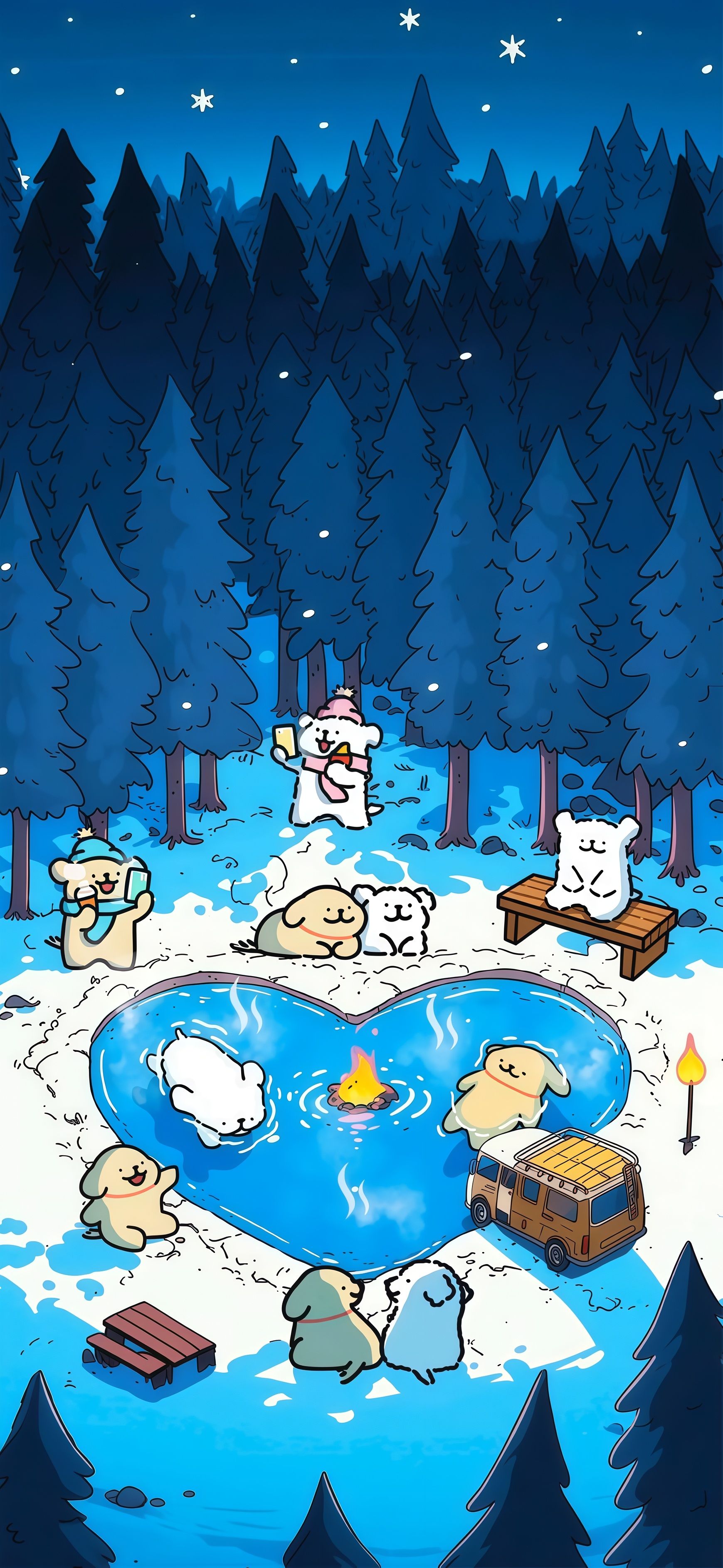 Heart Pond Winter Cartoon Wallpaper