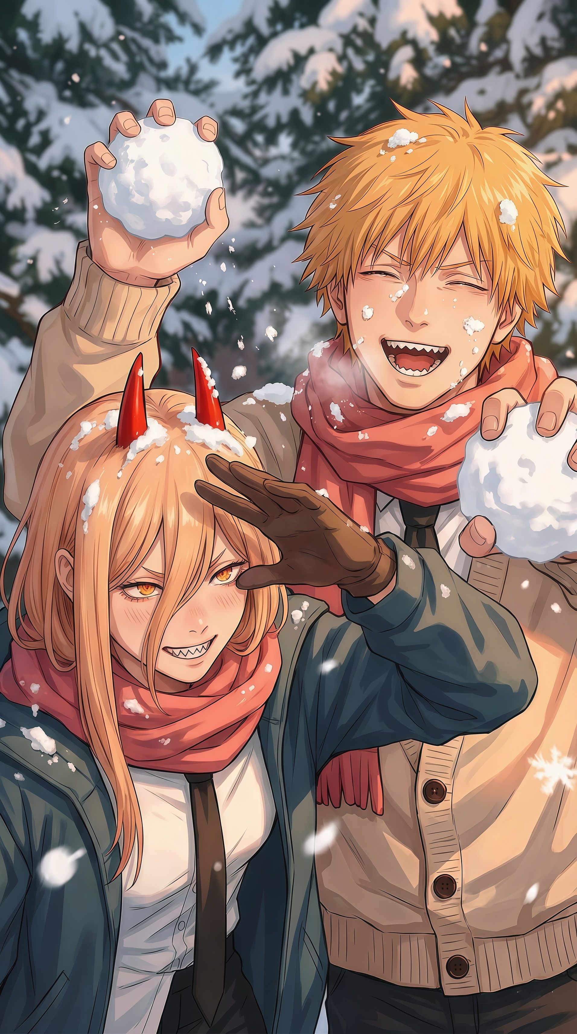 Power and Denji Winter Fun Wallpaper