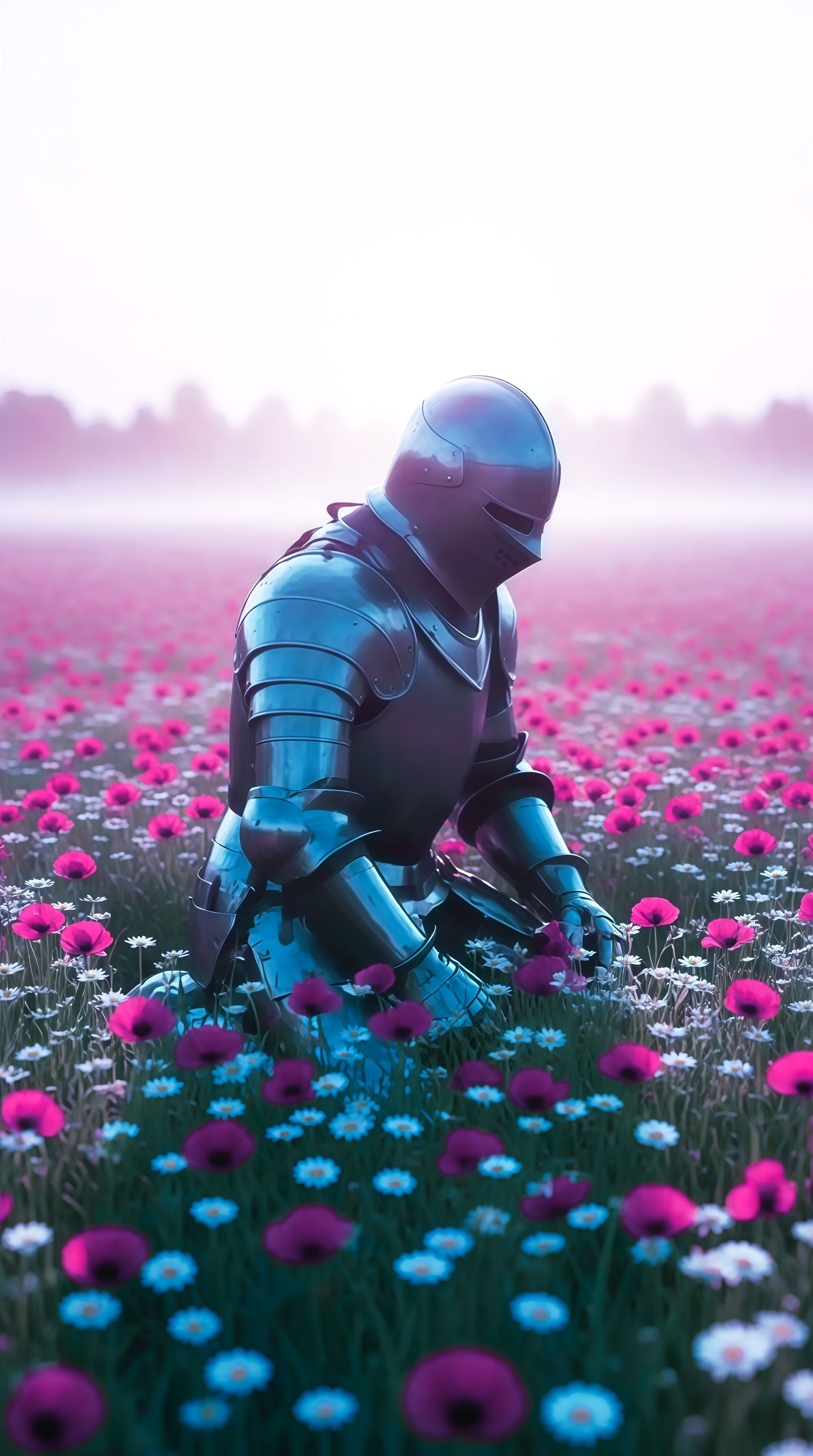 Kneeling Knight in Flower Field Wallpaper
