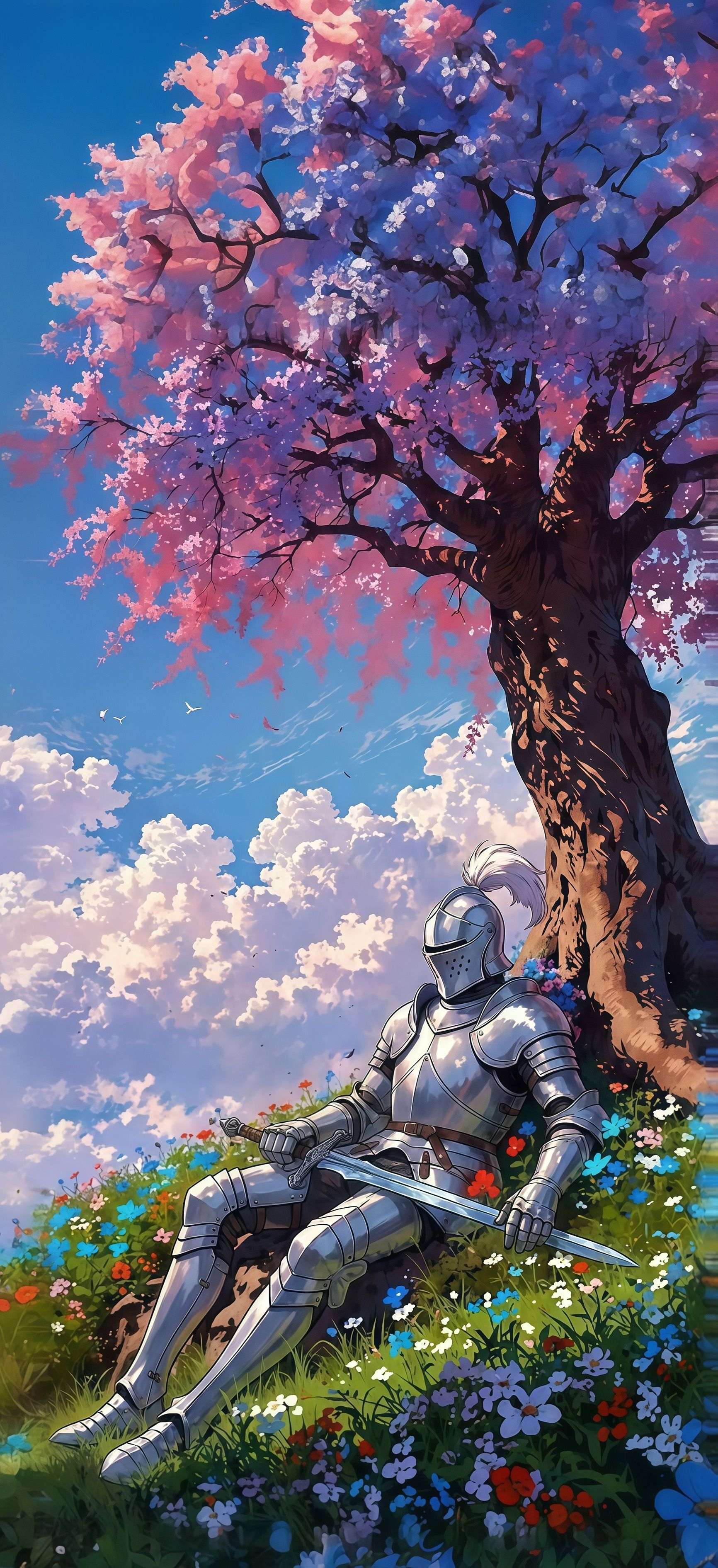 Knight Under Cherry Blossom Tree Wallpaper
